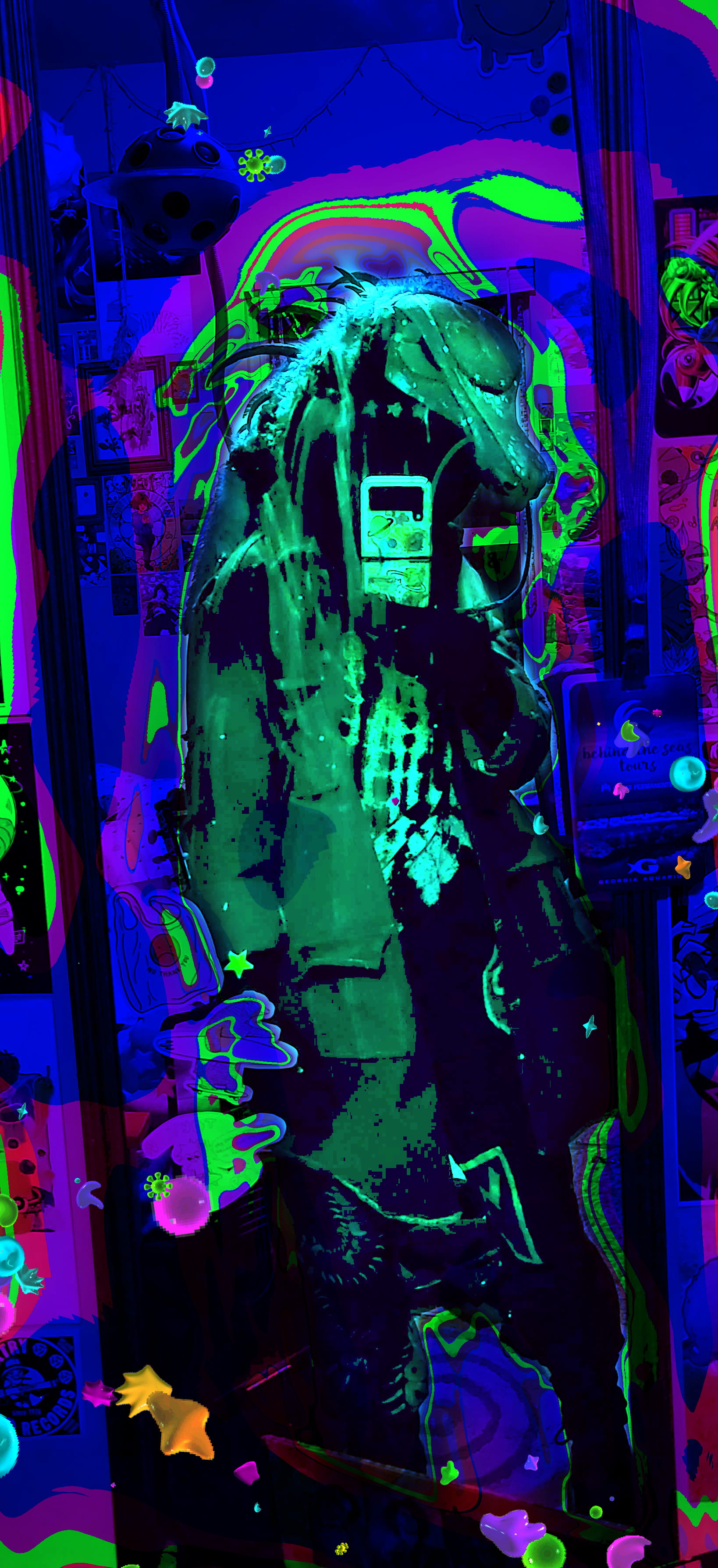 A heavily edited mirror selfie of the weevil, edited to introduce bright green, magenta, and ultramarine goo patterns.