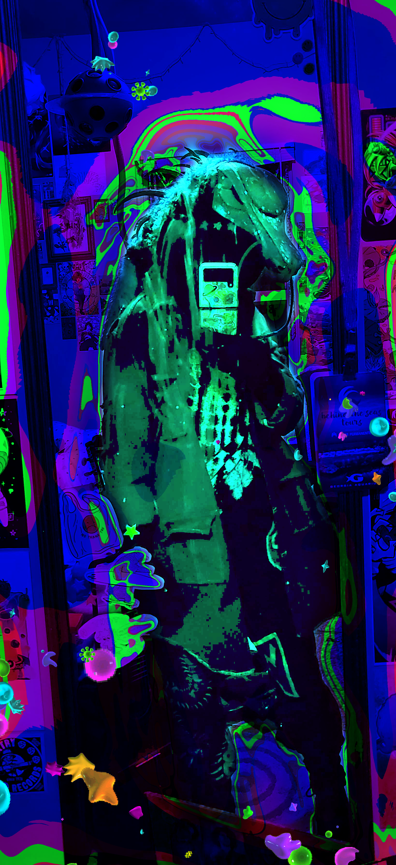 A heavil edited mirror selfie of the weevil, edited to introduce bright green, magenta, and ultramarine goo patterns.