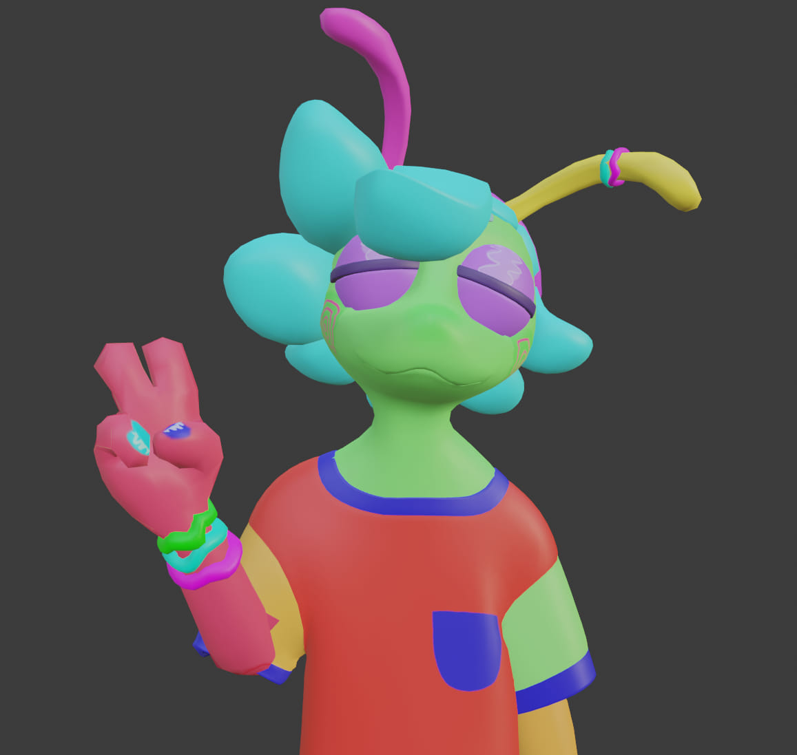 A screenshot of the 3d model holding up a peace sign