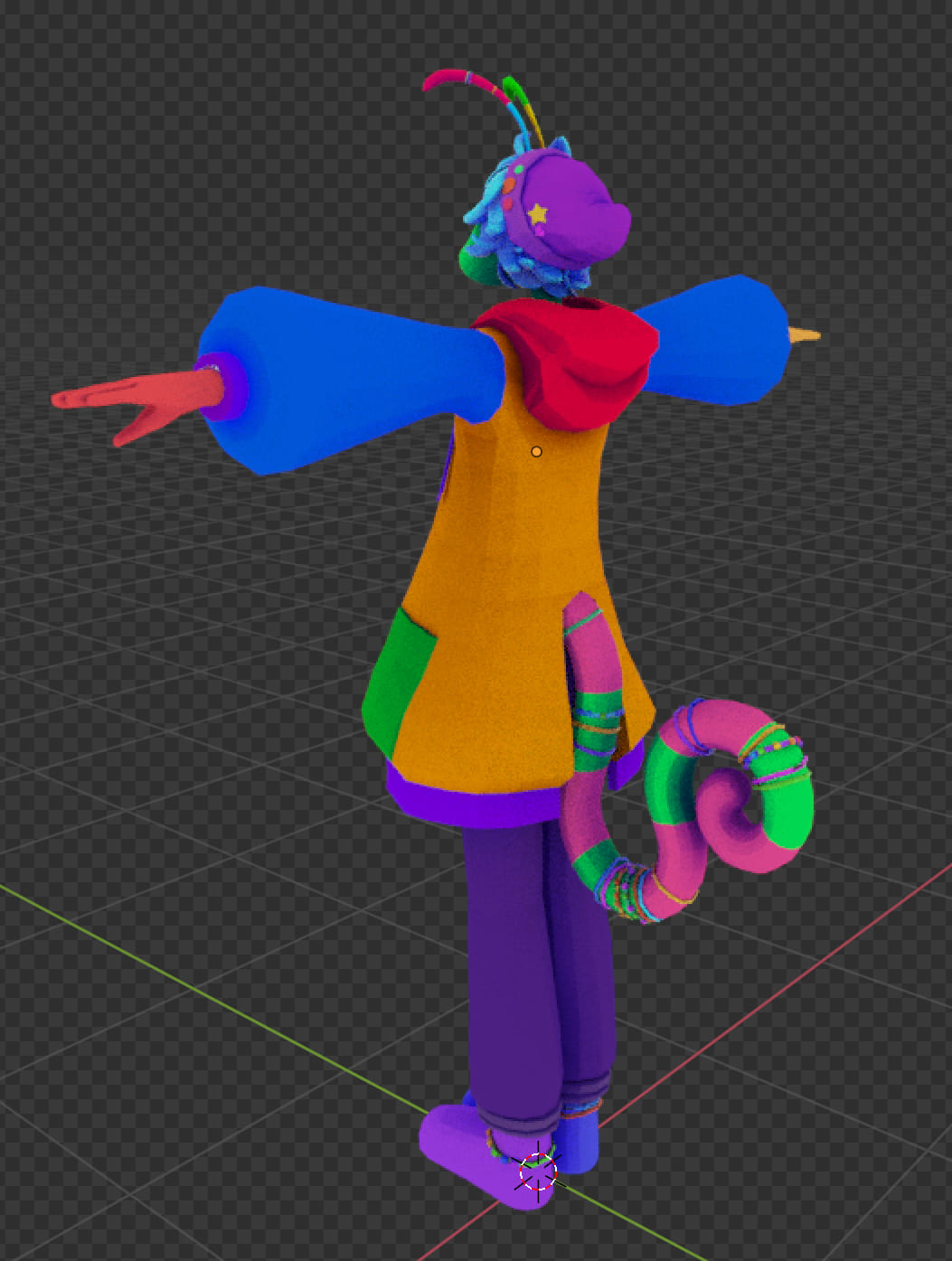 The model from the back in T-Pose, showing the hood, tail, hat, and back of the jacket.