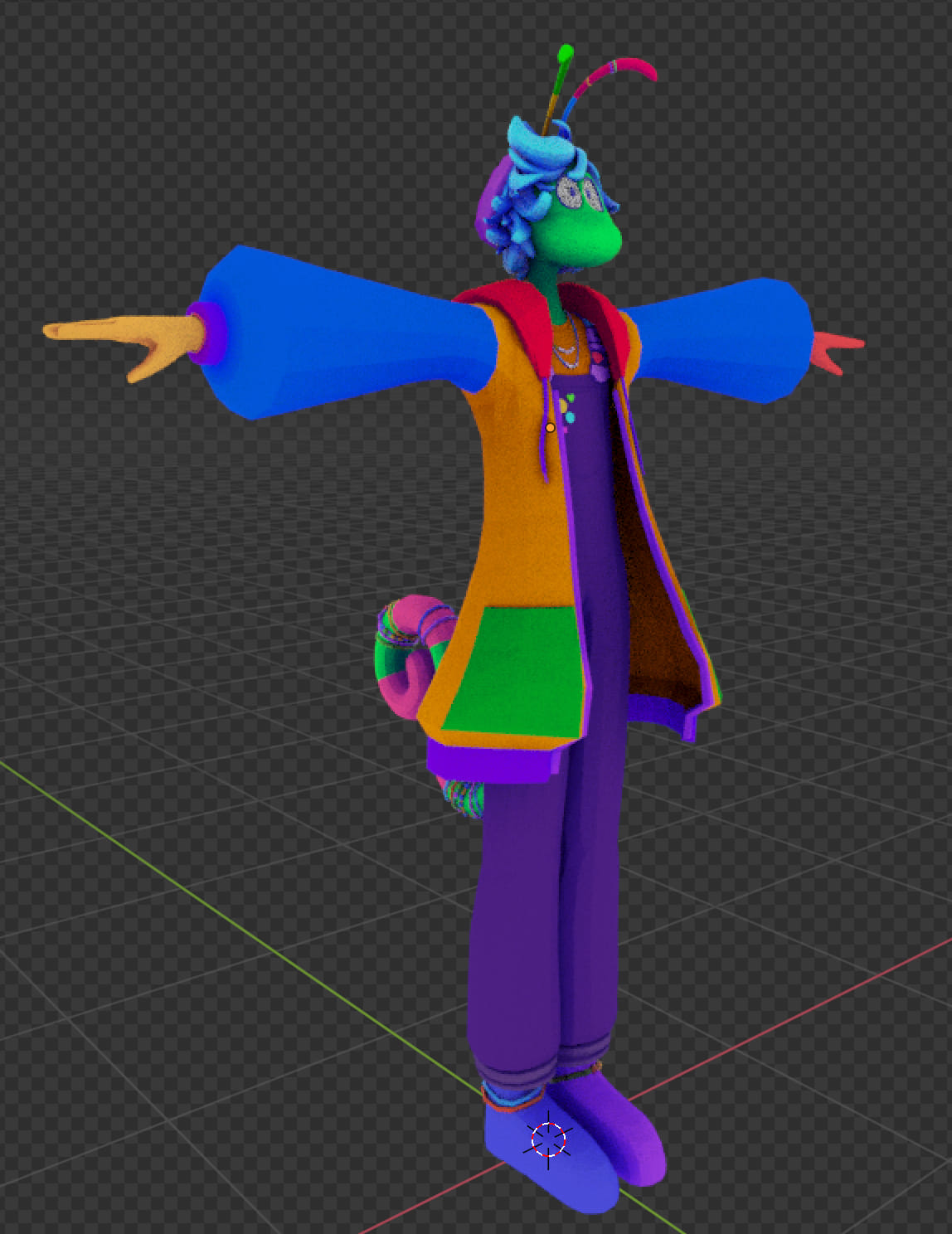 The model from the front in T-Pose, showing the cone shape of the jacket and sleeves, as well as some pins on the top of the overalls. 