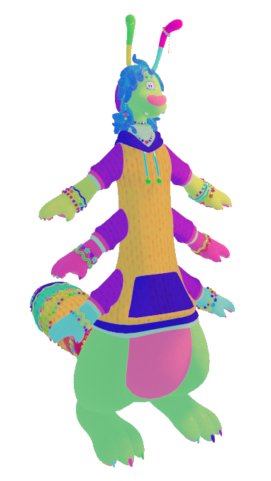 A 3d model in A-Pose of an anthro gummy worm, which has 3 sets of arms, green skin with pink accents, blue hair, and two-toned antennae. It is wearing lots of bracelets and a knit hoodie.