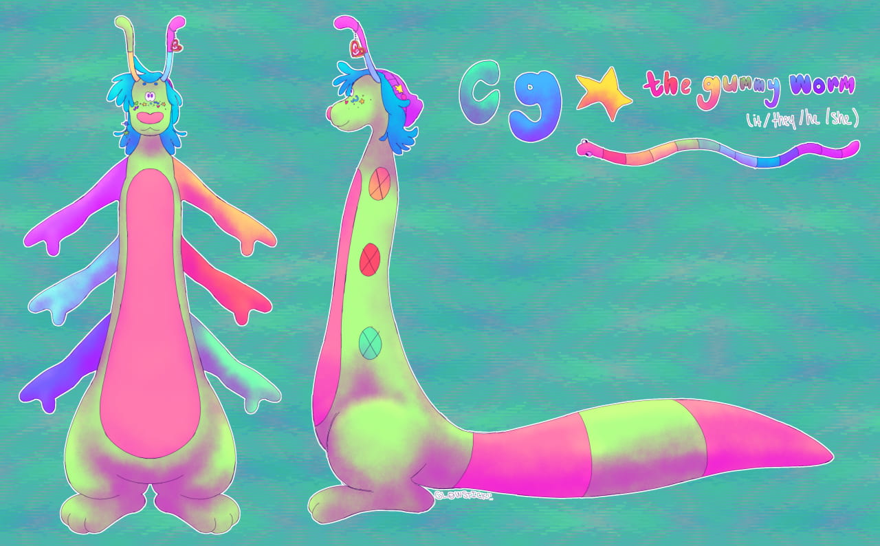 The model's 3d ref sheet, showing the color pattern for the arms, as well as the markings across the body. The reference has various star and heart shaped markings as freckles, but the actual model does not. The text reads 'CG the gummy worm, it/they/he/she'