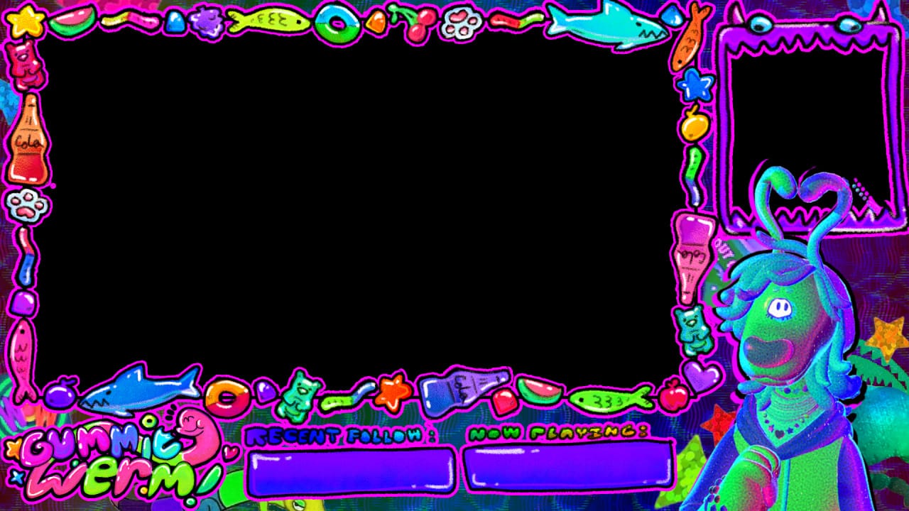 The model overlaid stream assets, which are brightly colored purples, blues, and greens. The spot where a game would go has a border made of gummy candy, and the chat box is bordered by a cartoon monster that looks like it's eating it. The model is in the bottom left, shaded with green light and purple shadows.