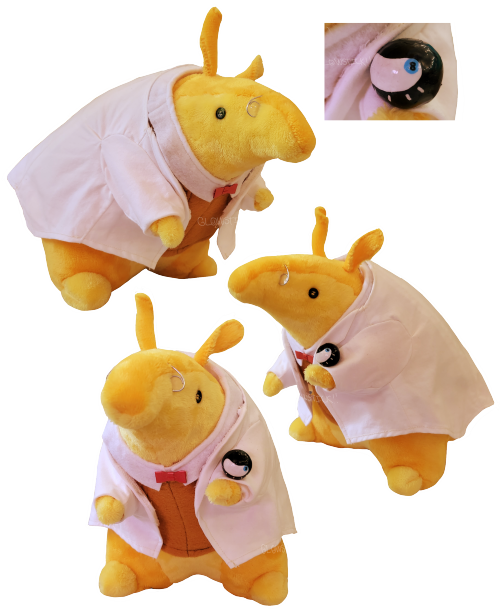 A transparent collage of different angles of Mordin, a yellow anteater plushie wearing a sweatervest, lab coat, and glasses. He is holding a small black ball with a blue eye, which looks slightly grumpy.