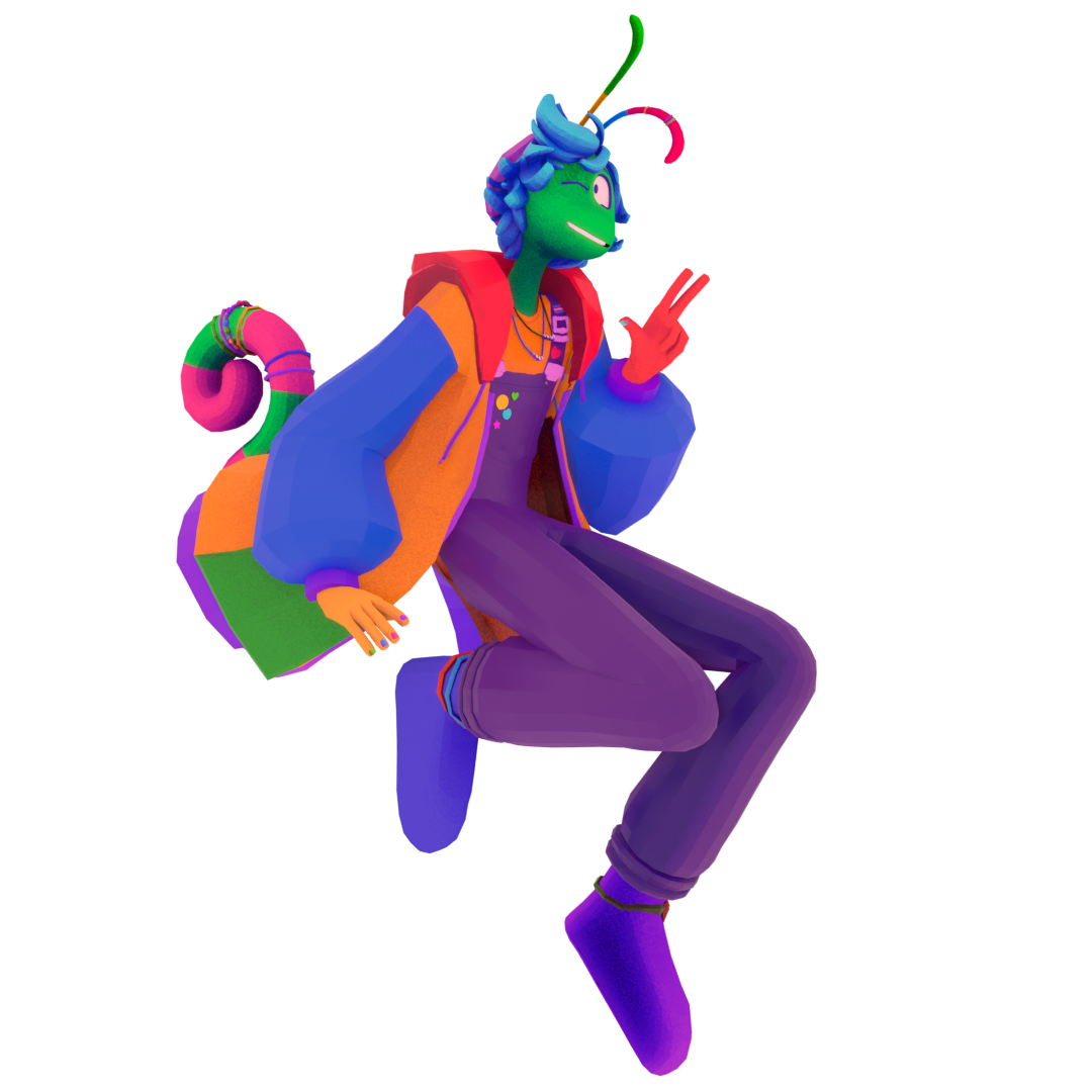 A transparent render of a 3d model. It is a humanoid, but has green skin, blue hair, two-toned antennae, and a pink/green striped tail. They are wearing overalls and a colorblock jacket.