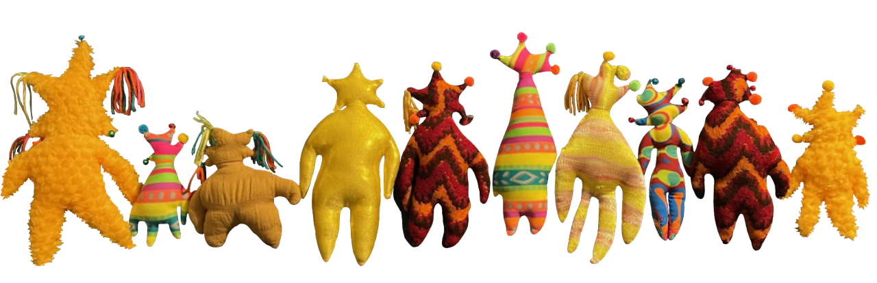 A lineup of the weezers, a series of various shaped humanoid plushies that have star-shaped heads with various tassles on the points.