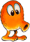 A transparent scan of a sticker depicting the character Q-bert.