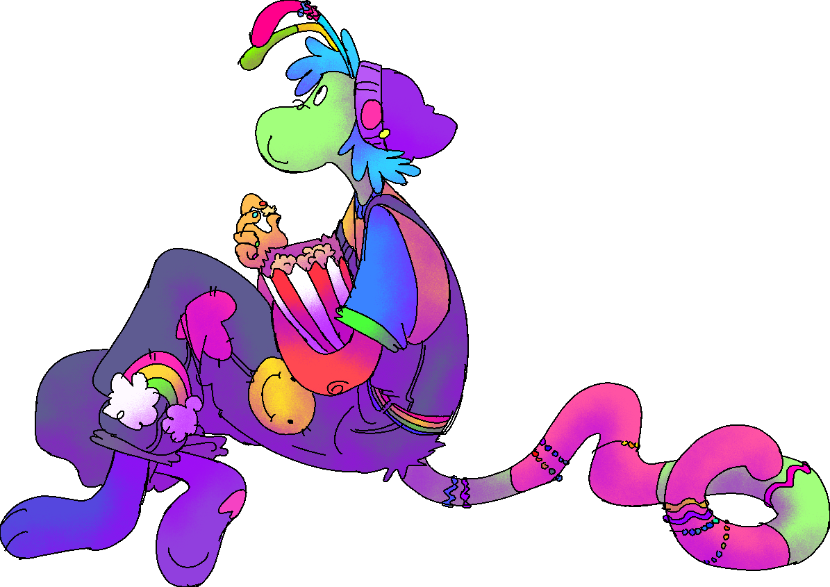 A transparent image of the webmaster's fursona, drawn and positioned so that they look like they are watching the Hylics TV and eating popcorn.