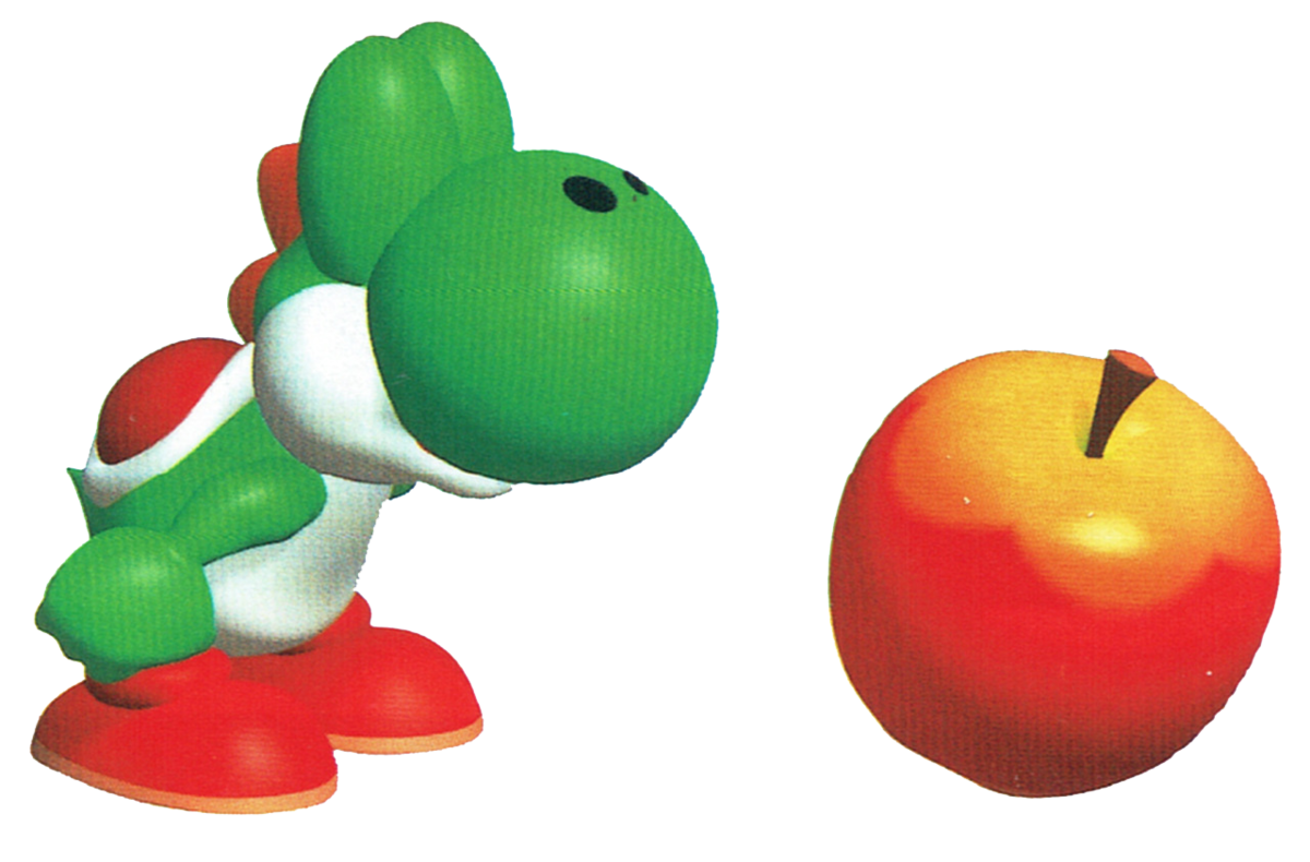 Yoshi the dinosaur sniffing an apple.