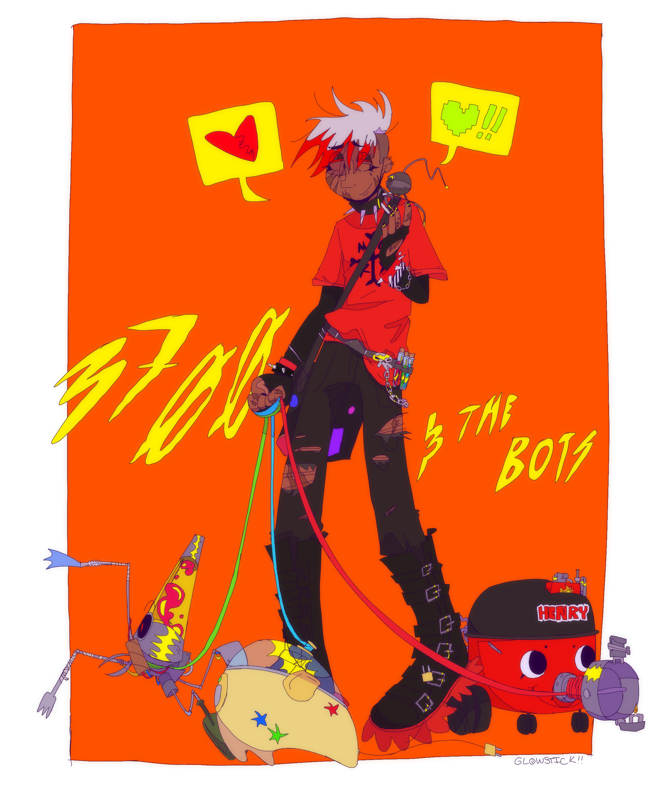 A drawing of a dark-skinned, light-haired child with three robots on leashes, and one on his shoulder. He is wearing a red MCR shirt, ripped jeans, and various punk-styled accessories. The first robot is made primarily from a lava lamp, the second is made from an egg cooker, and the third is a modified Henry Hoover vaccum. The robot on ais shoulder is a round grey sphere with three legs and a single bent antennae. The background is an orange square with yellow block letters that say '3700 and the bots' across the image.