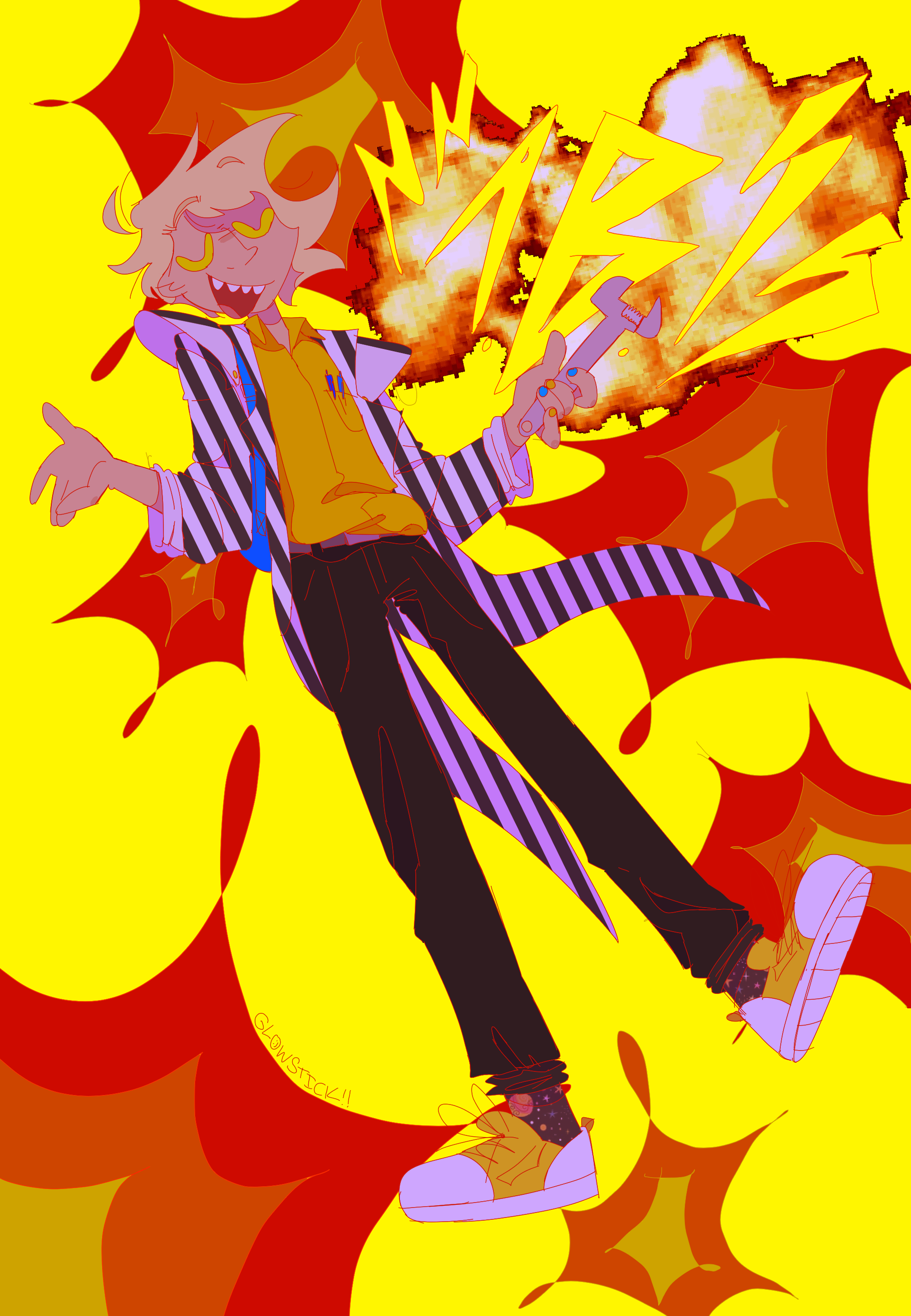A drawing of a light-skinned child with medium-length blonde hair. He is wearing a black and white striped tailcoat, a yellow dress shirt, black pants, and yellow tennis shoes. He holds a wrench in one hand and is shrugging in a relaxed, careless manner. The background is made up of explosions, both drawn and photorealistic, on a yellow color block. The image has yellow bubble letters on it that read 'AB!' and has lighting bolts drawn around word.