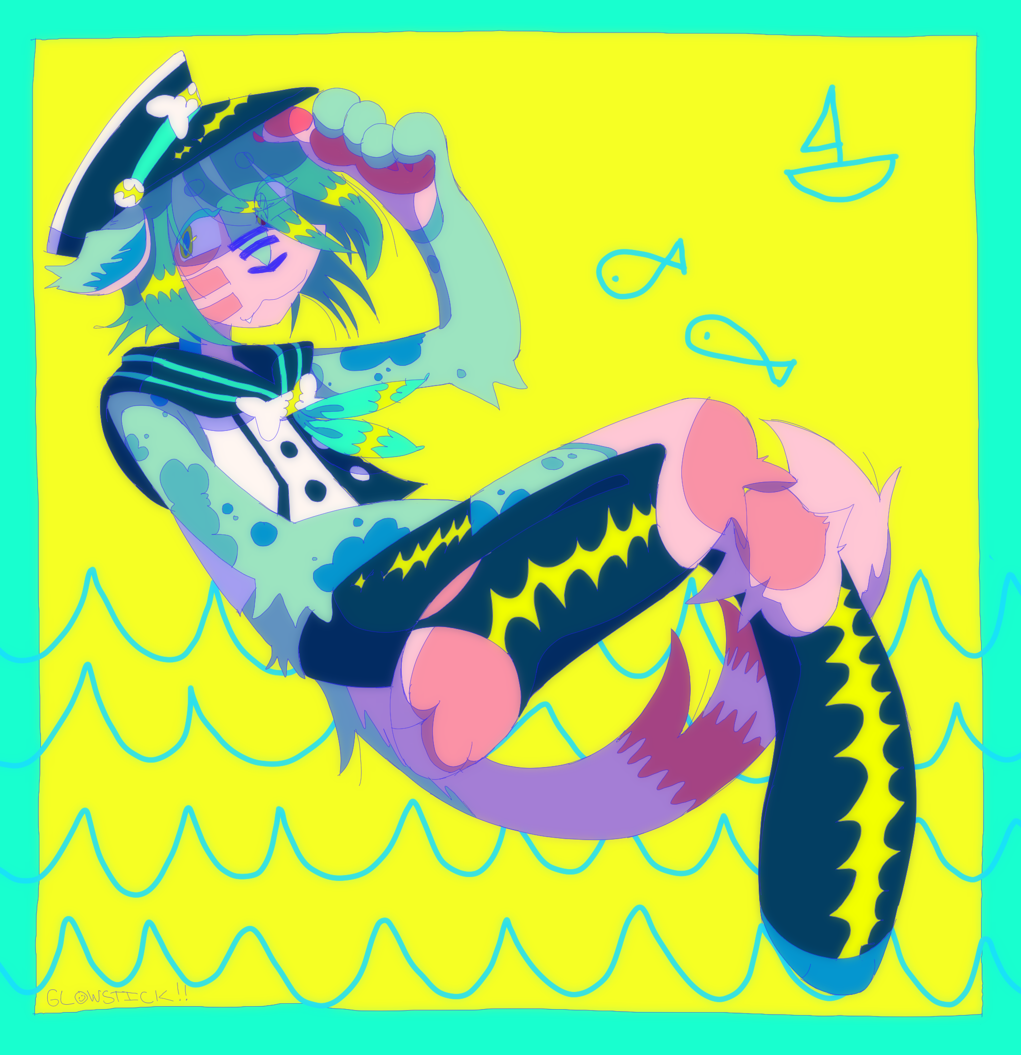 A drawing of a peach and teal colored dog girl wearing a sailor's outfit. She has her legs crossed and is tipping her hat towards the camera. The background is bright yellow and cyan, and has a nautical theme.