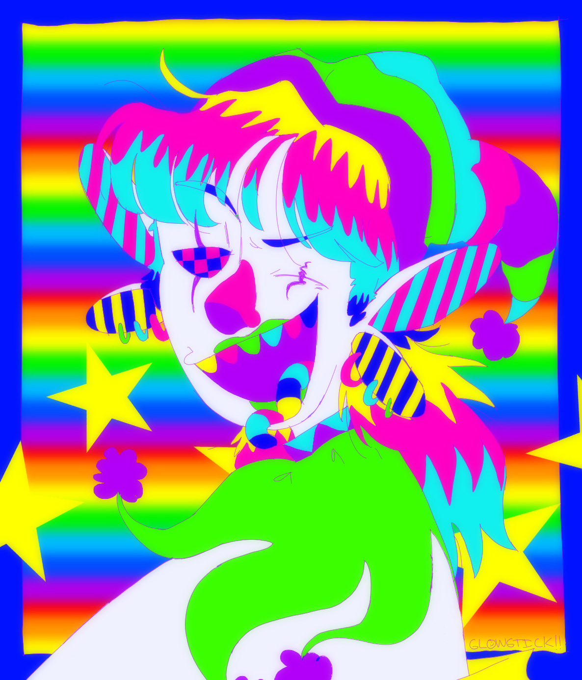 A brightly colored drawing of a clown oc. They have rainbow hair and are winking at the camera. Instead of their open eye having a pupil and sclera, there is only a blue and magenta checker pattern in its place.