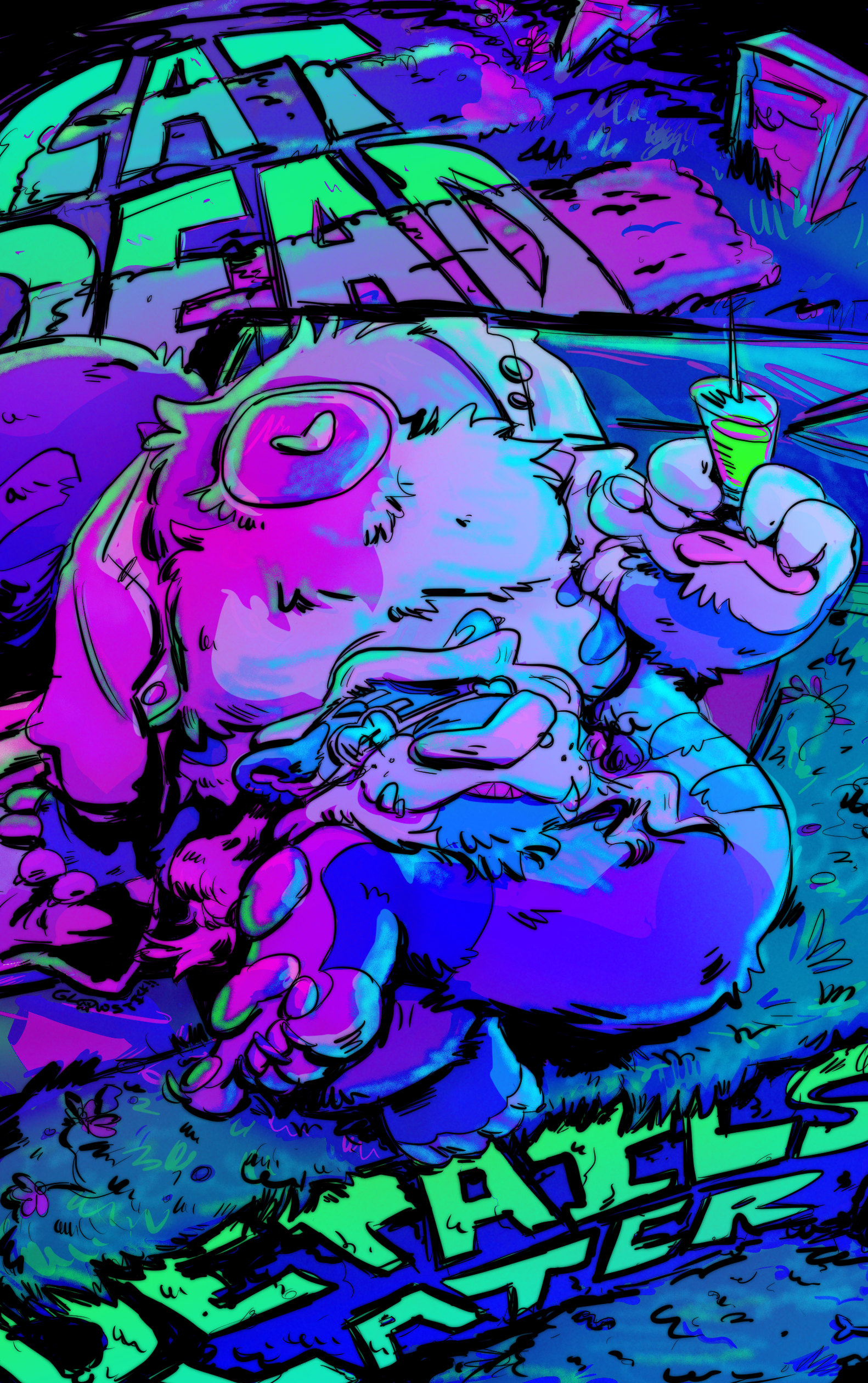 A brightly colored digital drawing of a fat purple tiger fursona wearing a labcoat and holding a green syringe. He is sitting on an open casket with one leg propped up on the other, with his decapitated smiling head in his lap. The words “Cat dead, details later” are written into the graveyard background in bright green all caps letters on the top and bottom of the frame.
