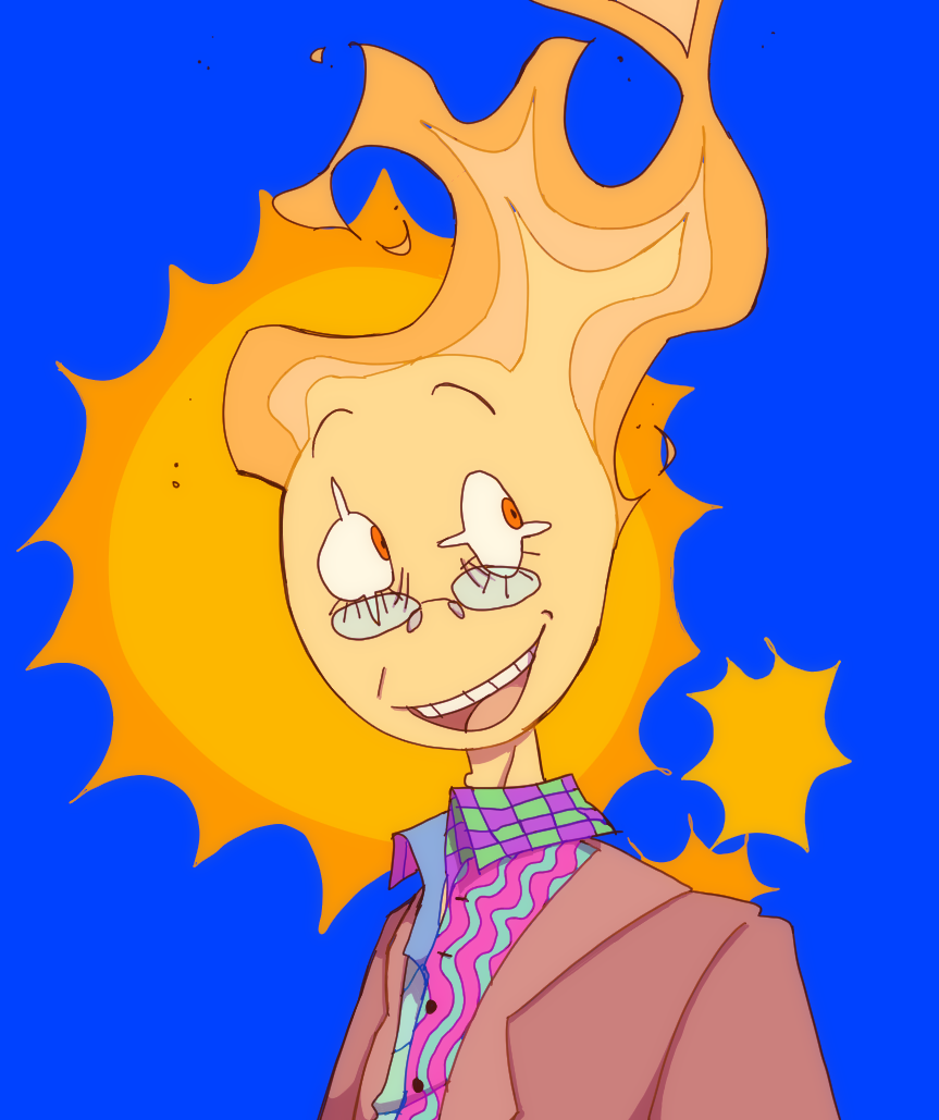 A bust drawing of a orange, sun-based character. He is wearing small glasses, a psychedelic patterned shirt, and a brown blazer.
