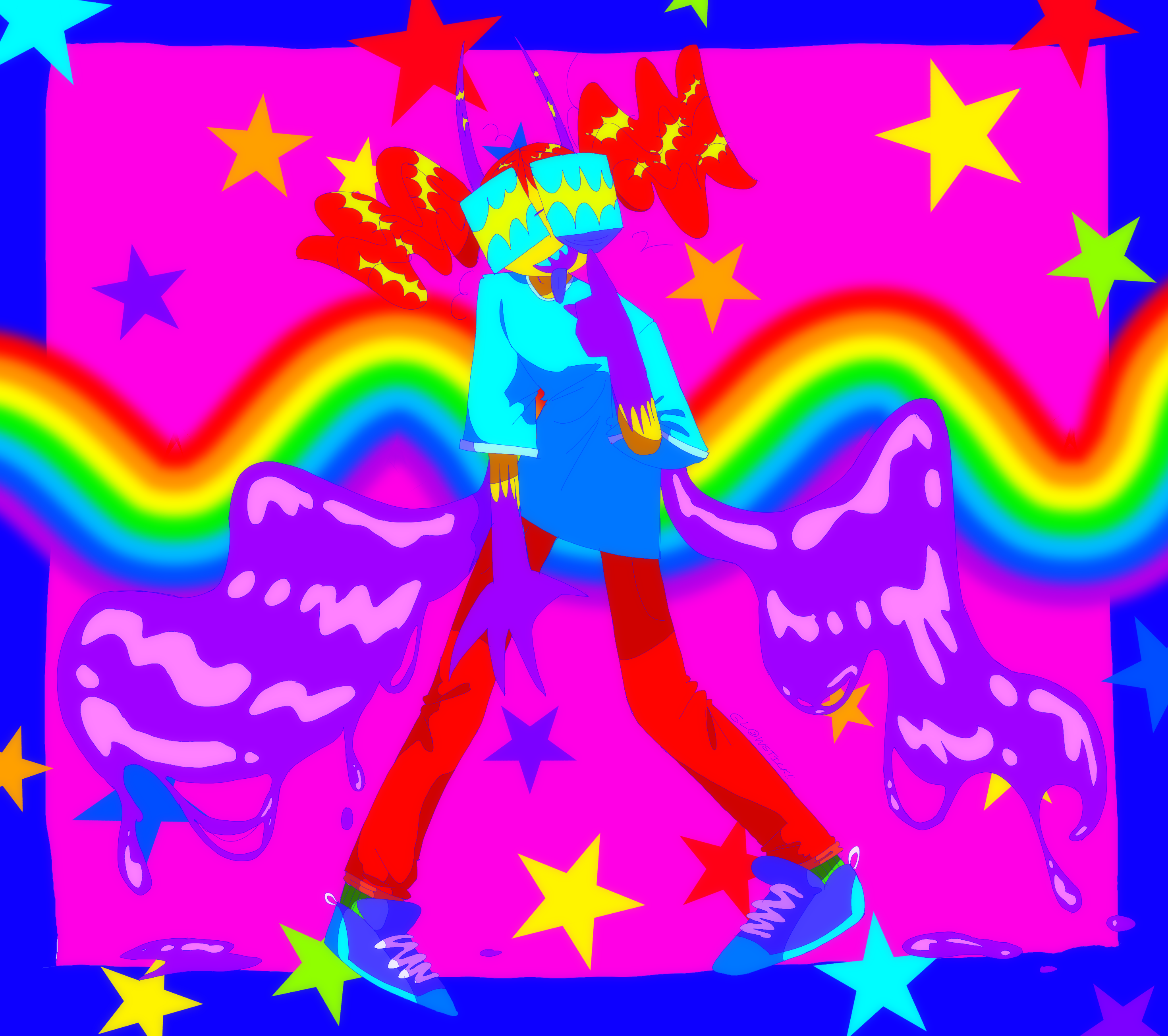 A brightly colored drawing of a character with bright yellow skin, red hair, a cyan shirt, and red pants. They have two purple goopy wings, and the background is decorated with a blurred wiggly rainbow.