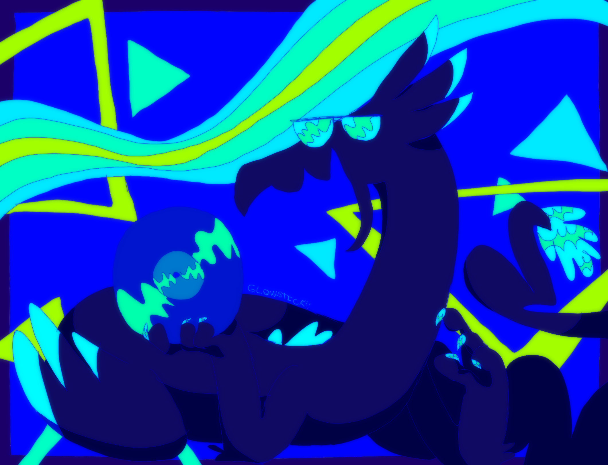A brightly colored drawing of a simplistic, dark blue dragon. He has bright cyan accents and is wearing matching sunglasses. He's smiling at the camera and holding a record.