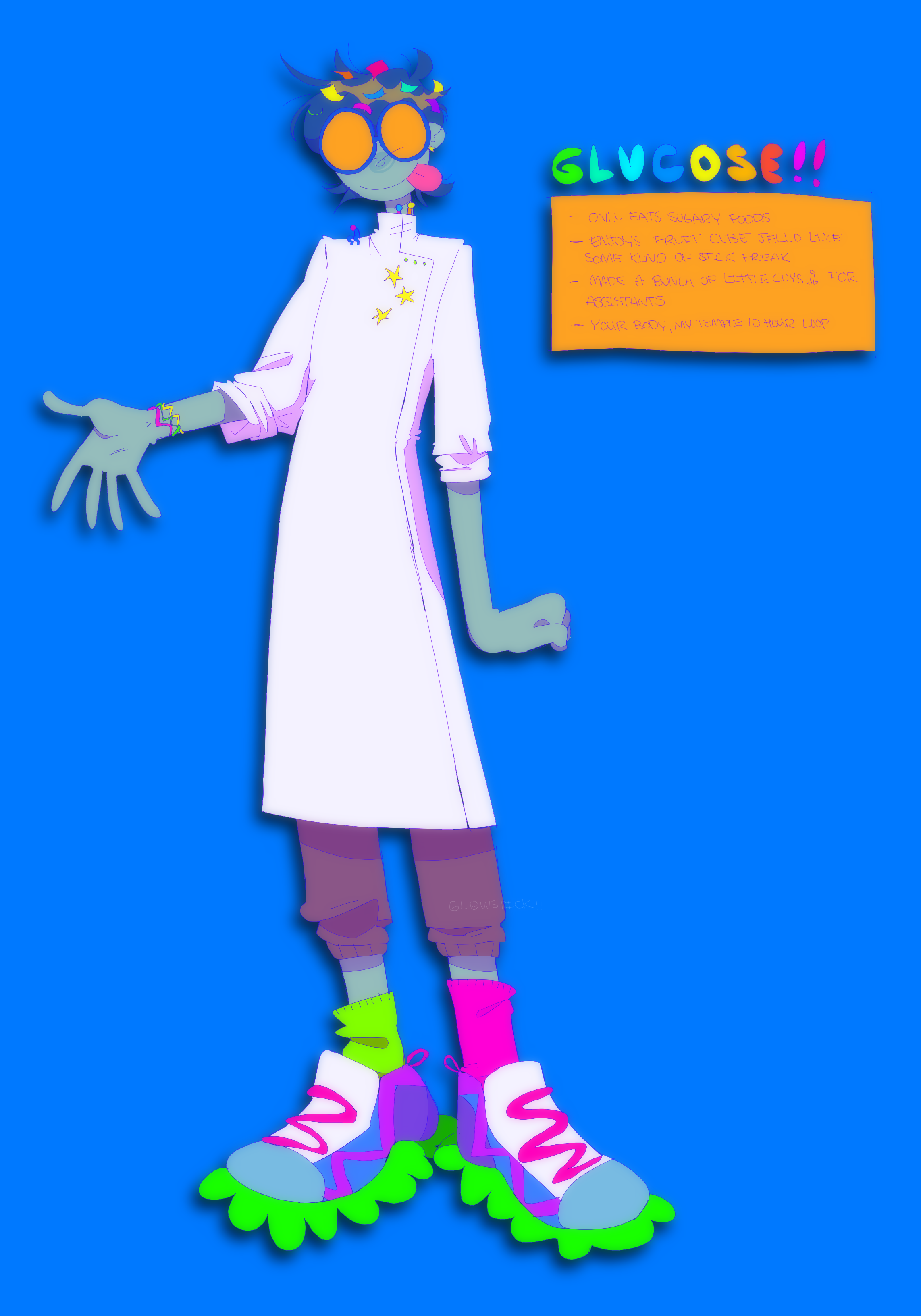 A fullbody reference of a lanky, teal-skinned, blue-haired character. He's wearing a labcoat with star stickers, colorful sneakers, and yellow glasses. Tiny stickmen are poking out of his collar. The text box next to him has the word 'GLUCOSE!' written out in big, rainbow block letters above it, and reads, '-Only eats sugary foods / -Enjoys fruit cube jello like some kind of sick freak / -Made a bunch of little guys for assistants / -Your body, my temple 10 hour loop'.