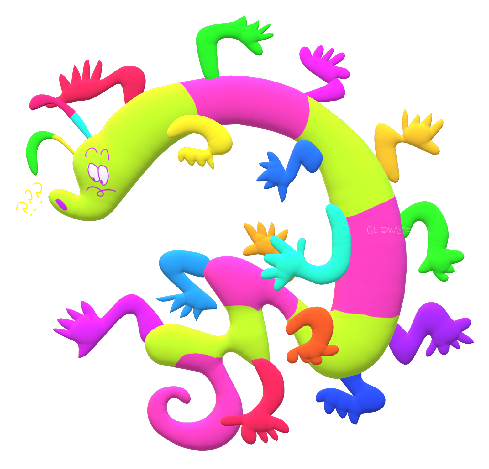A Paint 3D transparent render of a gummy worm character with a green and pink striped body and multicolored arms sticking out across their body. They are positioned so that it looks like they are latched onto a wall and their body curls into the shape of a question mark. They are looking curiously to the bottom left.