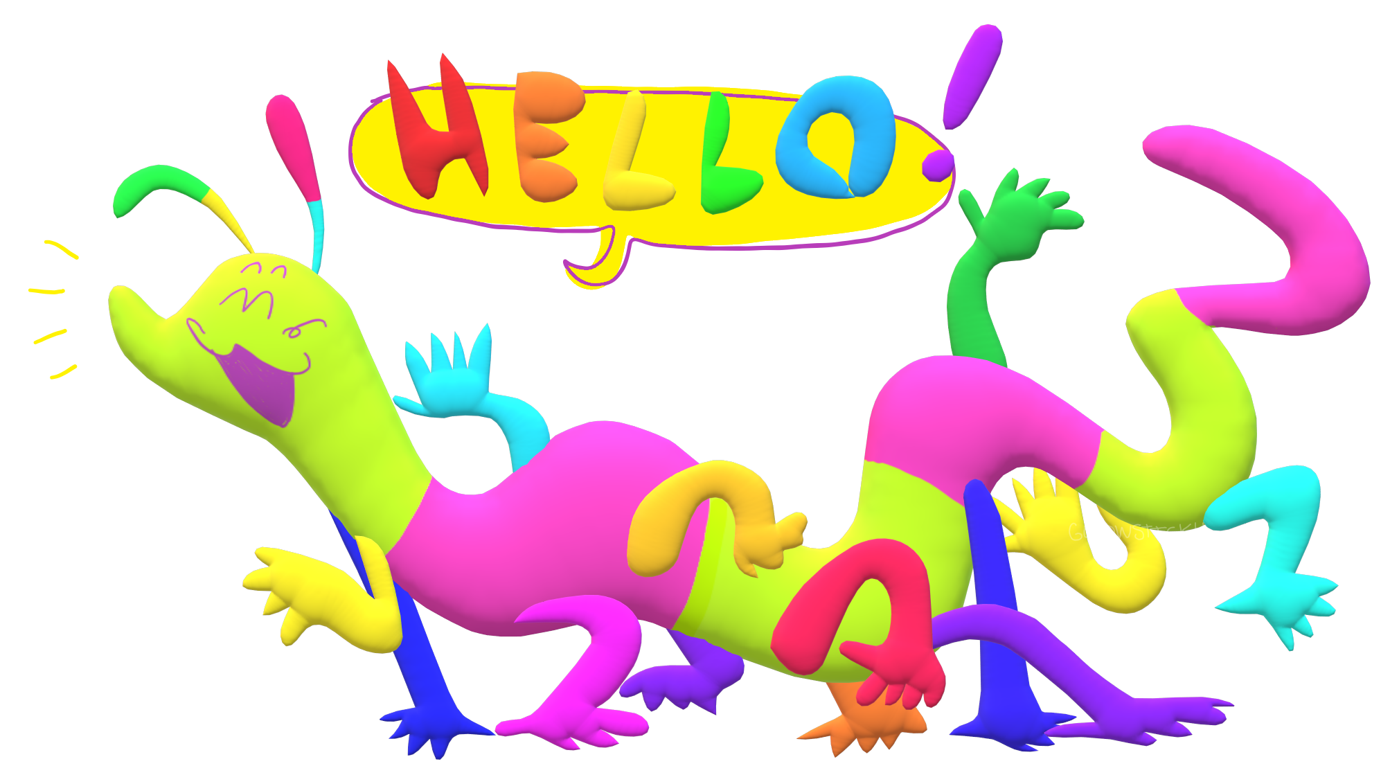 A Paint 3D transparent render of a gummy worm character with a green and pink striped body and multicolored arms sticking out across their body. They are smiling and facing to the left, and have a speech bubble that says 'Hello!' in big rainbow block letters.
