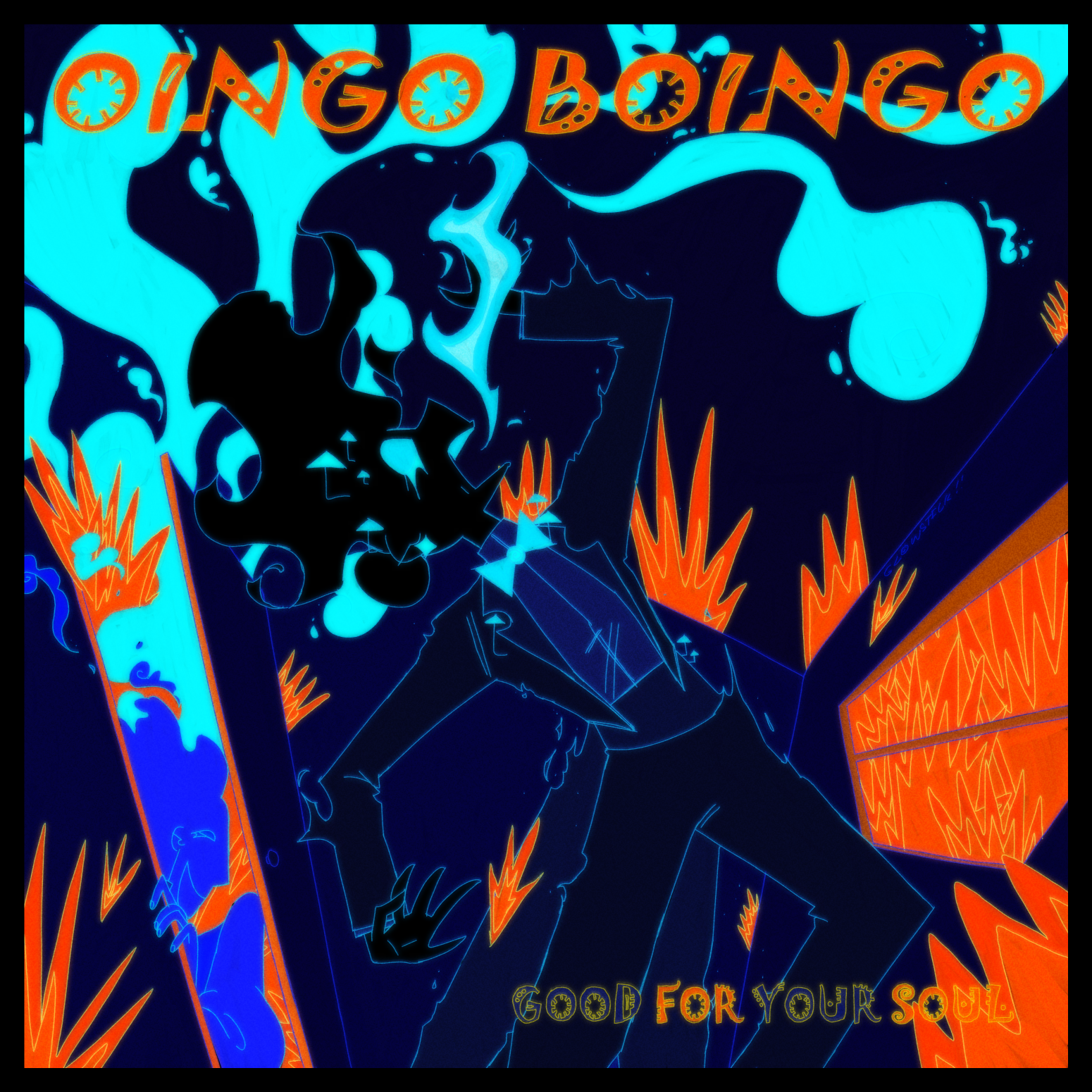A redraw of the album cover of Good For Your Soul by Oingo Boingo. There is a shadow-y girl breathing cyan fire, and behind the door to her left is a smiling man. The room is filled with red flames.
