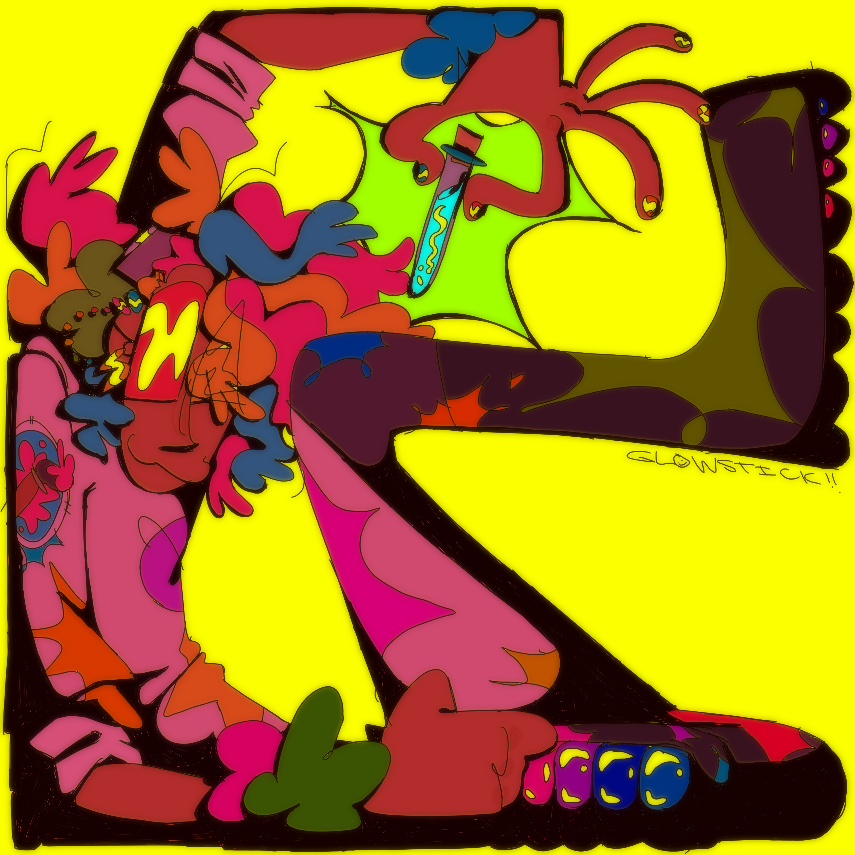 A drawing of zap holding a beaker filled with bright green liquid. She has brown skin and yellow, blue, and pink streaked hair, and is posed so that it looks like she's stuck in an invisible box.