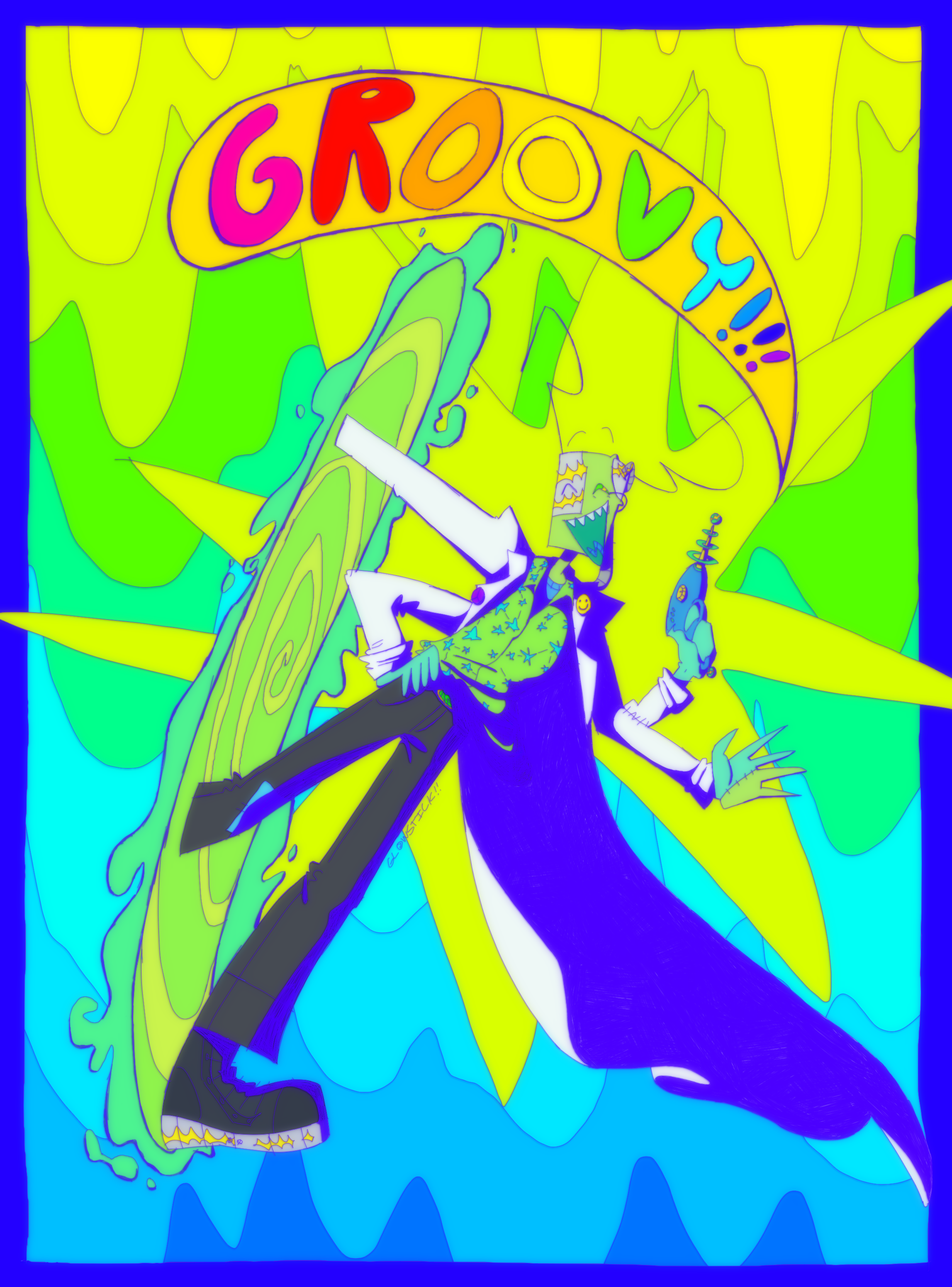 A brightly colored drawing of an irken oc. They're wearing a labcoat with pins and a starry button up shirt, and are holding a ray gun. They have two metal plates in their head and an extra pair of arms, one coming from their right side and the other connected at the left elbow.