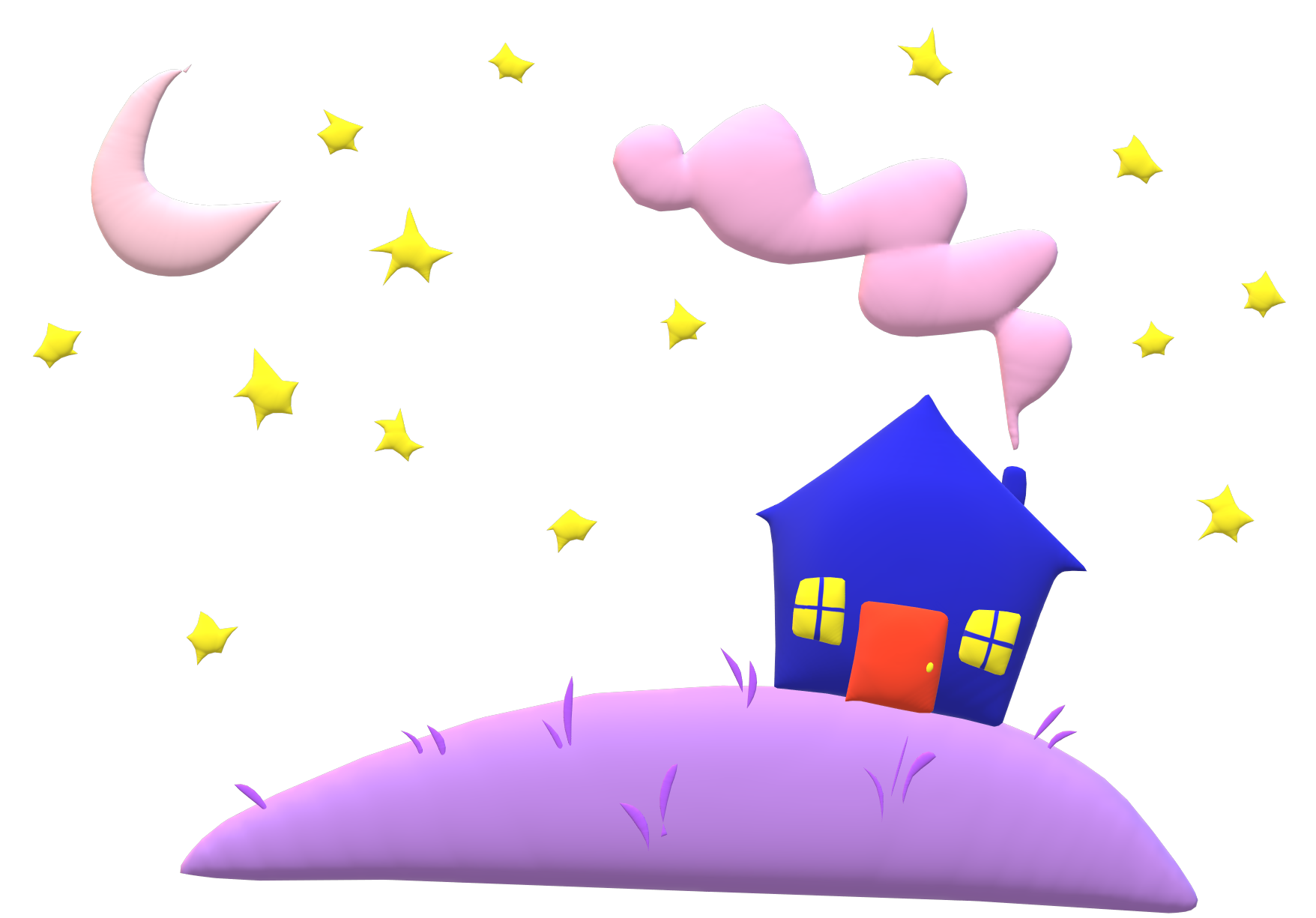 A transparent Paint 3D render of a small blue house on a lavender hill. There are a few light yellow stars  and a light purple moon beside the house, where the sky would be. There is a light purple cloud of steam rising up out of the house's chimmney.