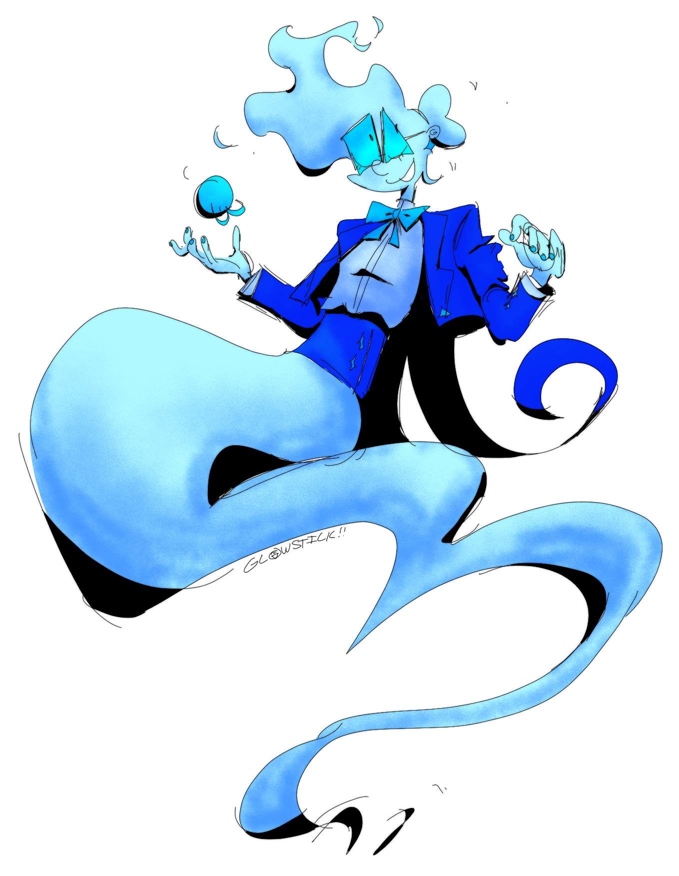 A drawing of a blue ghost girl on a transparent background. She is wearing a tailcoat and blue glasses with one square lens and one triangle lens. She is holding a blue ball of magic in one hand and smiling at the viewer.