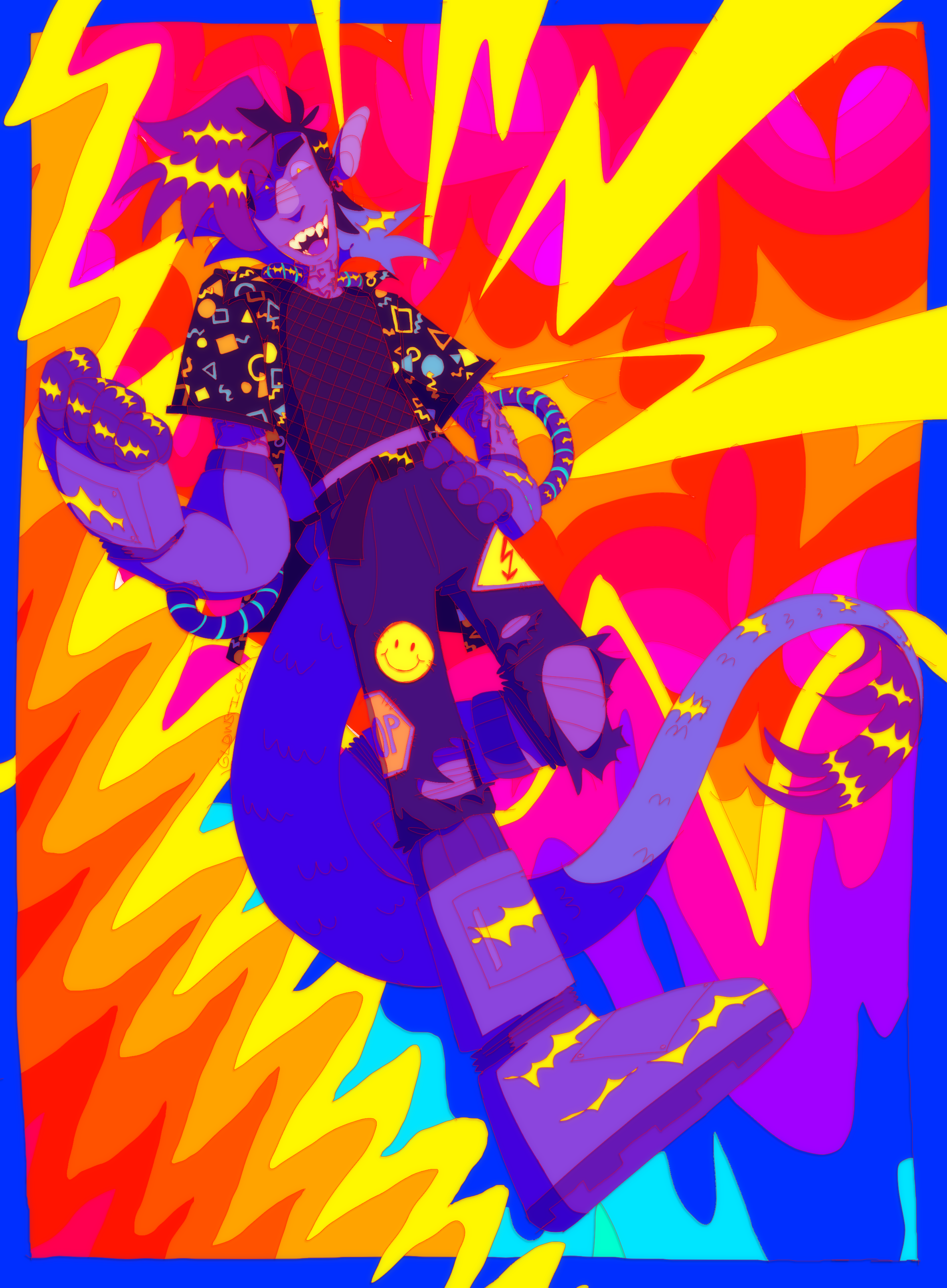 A brightly colored drawing of a cyborg character with pointy ears and a fish tail. He has robotic arms & legs, and is wearing an arcade-patterned button up, a croptop, and ripped, patch-covered jeans.