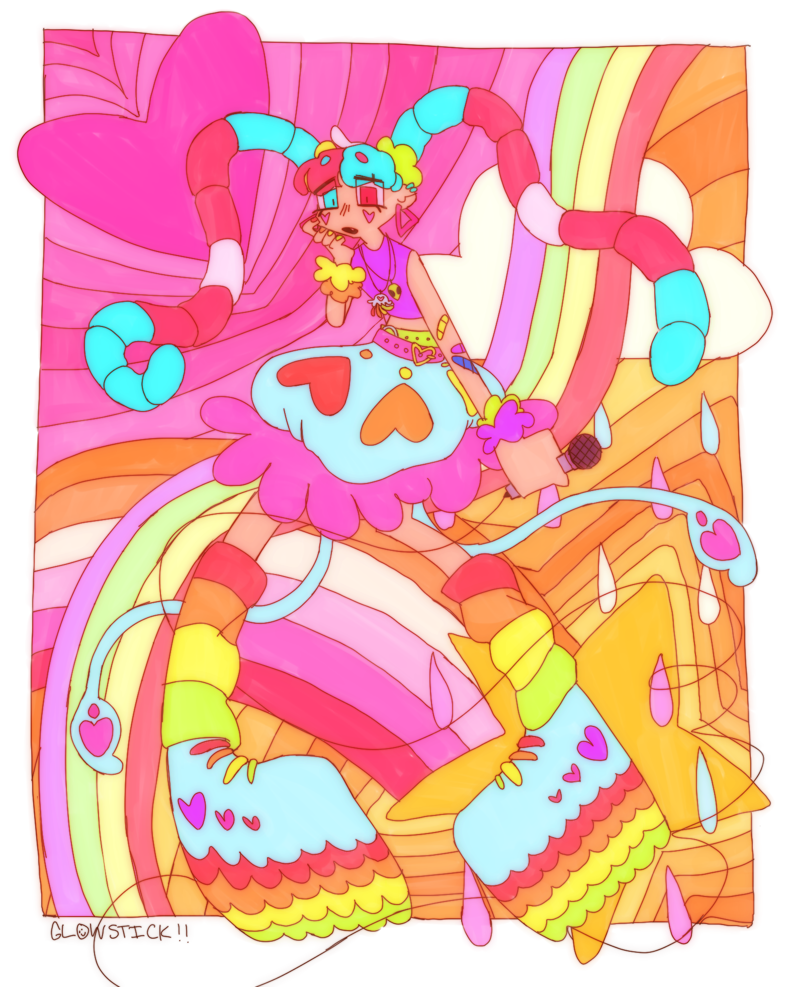 A drawing of the webmaster's mikusona. They have pale skin and pigtails that look like gummy worms. The pigtails are colored so the segments appear to resemble the trans flag. He is wearing a skirt that resembles a jellyfish, a pink crop top, and rainbow legwarmers and platform shoes. The background is made up of a hand-drawn, psychadelic pink and orange pattern.
