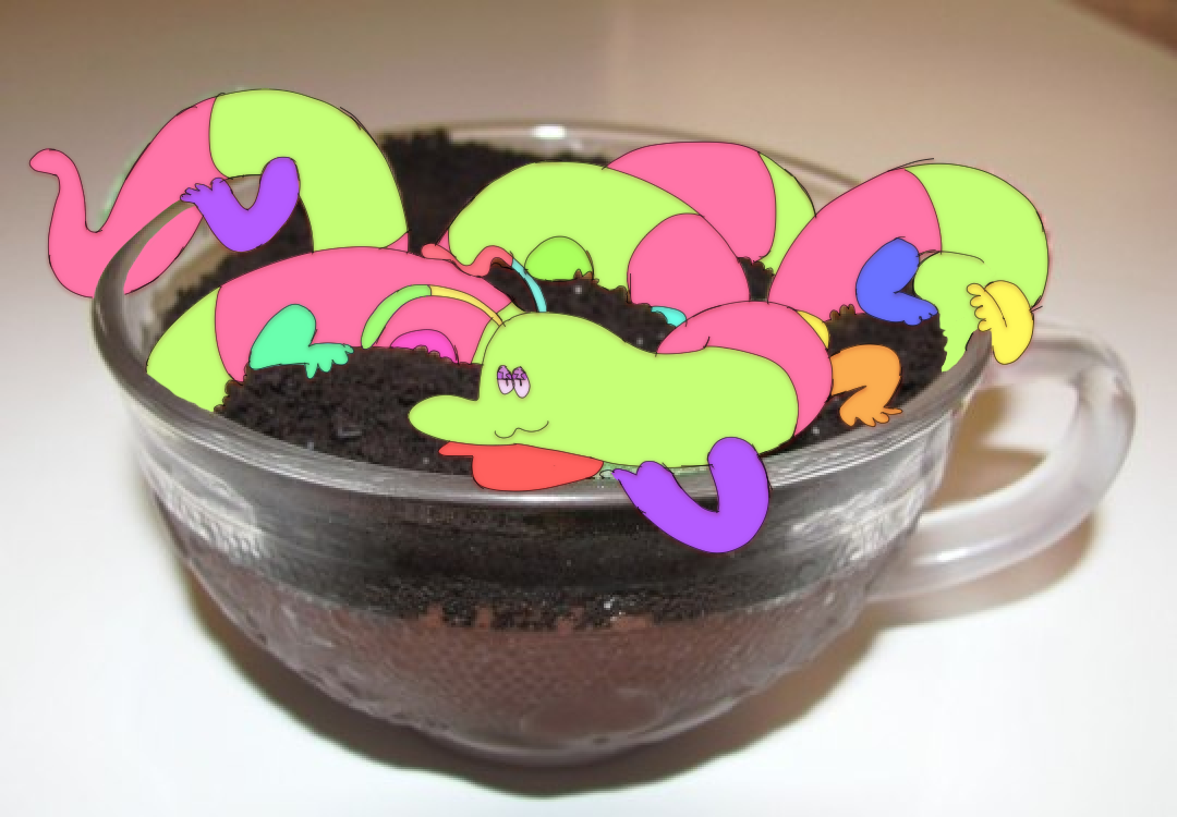 A drawing of a gummy worm character superimposed onto a picture of a cup of dirt with gummy worms. The worm is drawn into the image so that they look like they are sitting in the cup of dirt. They are striped green and pink, and have several multicolored arms sticking out down the length of their body. They have their head propped up on one hand and are smiling smugly at the viewer.