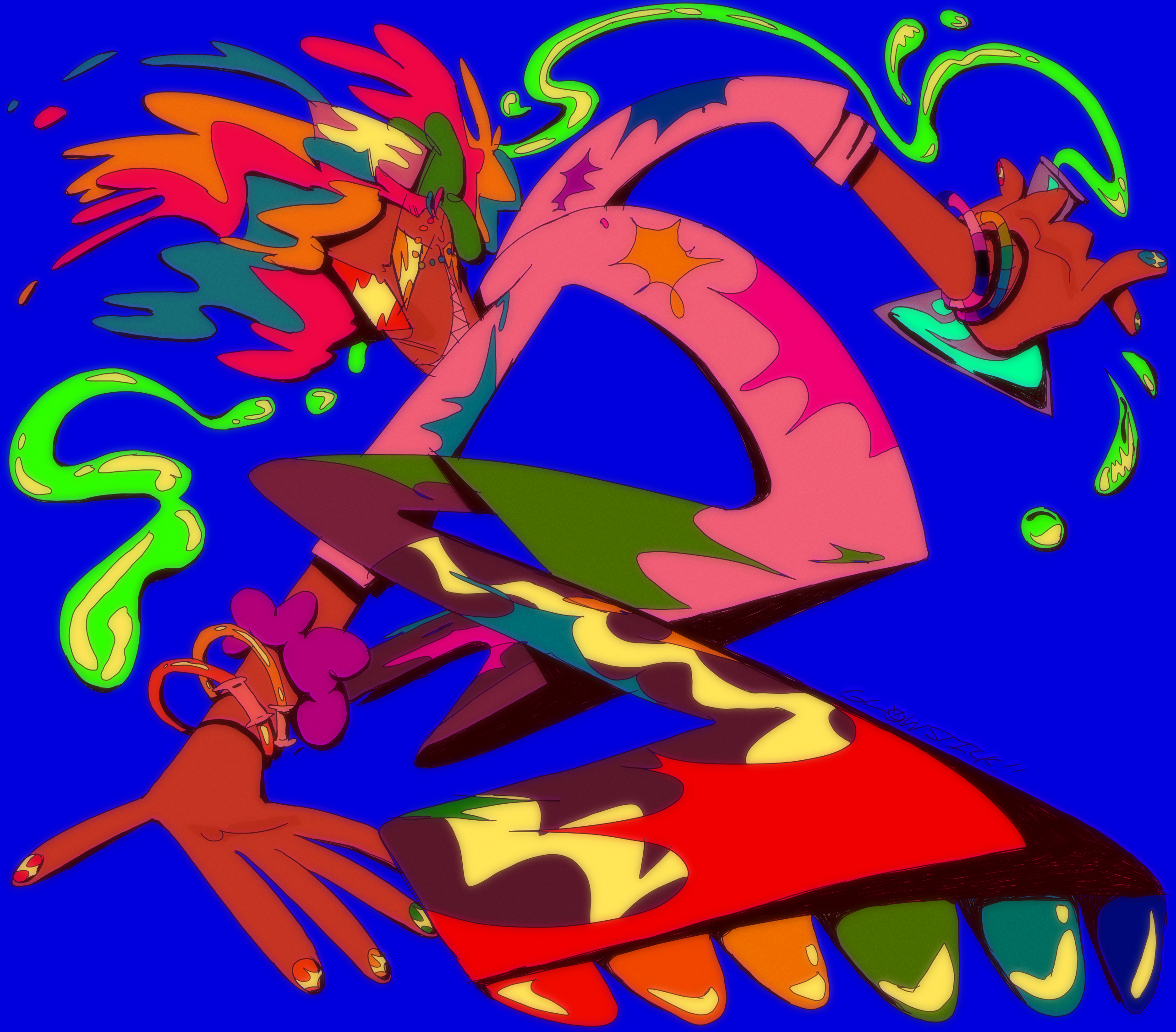 A brightly-colored drawing of Zap, a person with brown skin and yellow, blue, and pink-striped hair. She's crouched down in an action pose, as if getting ready to jump or throw something, and is holding an earlyn meyer spilling bright green liquid.