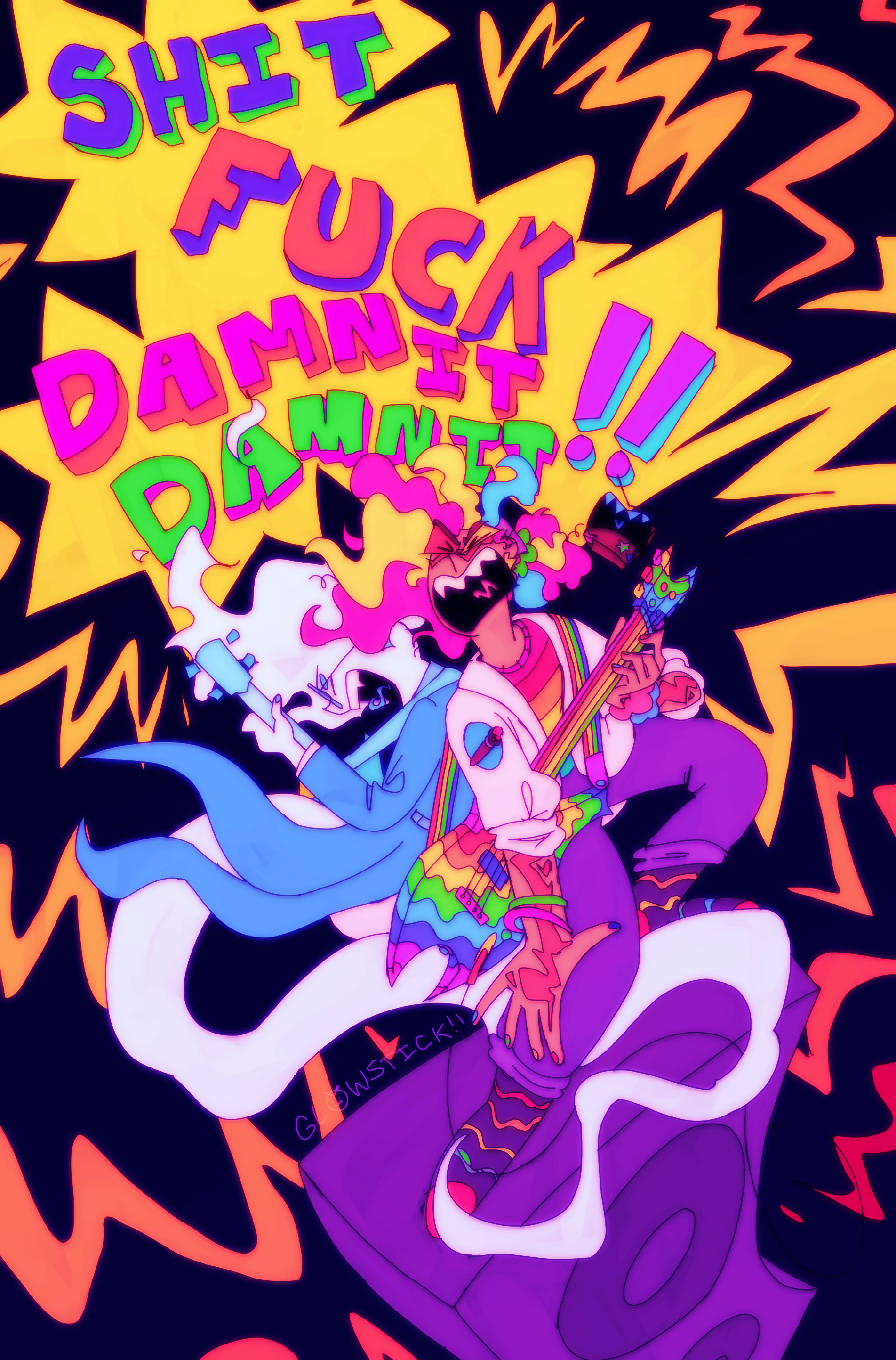 A drawing of Zap, Lizzie, and Sparkplug on top of an oversized speaker, shouting the words, 'Shit, Fuck, Damnit, Damnit!'. Lizzie is holding a blue bass guitar, while Zap is holding a melty rainbow-colored guitar and Sparkplug floats above his shoulder. The background is solid black, with yellow and orange shockwaves coming off of the trio's speech bubble.