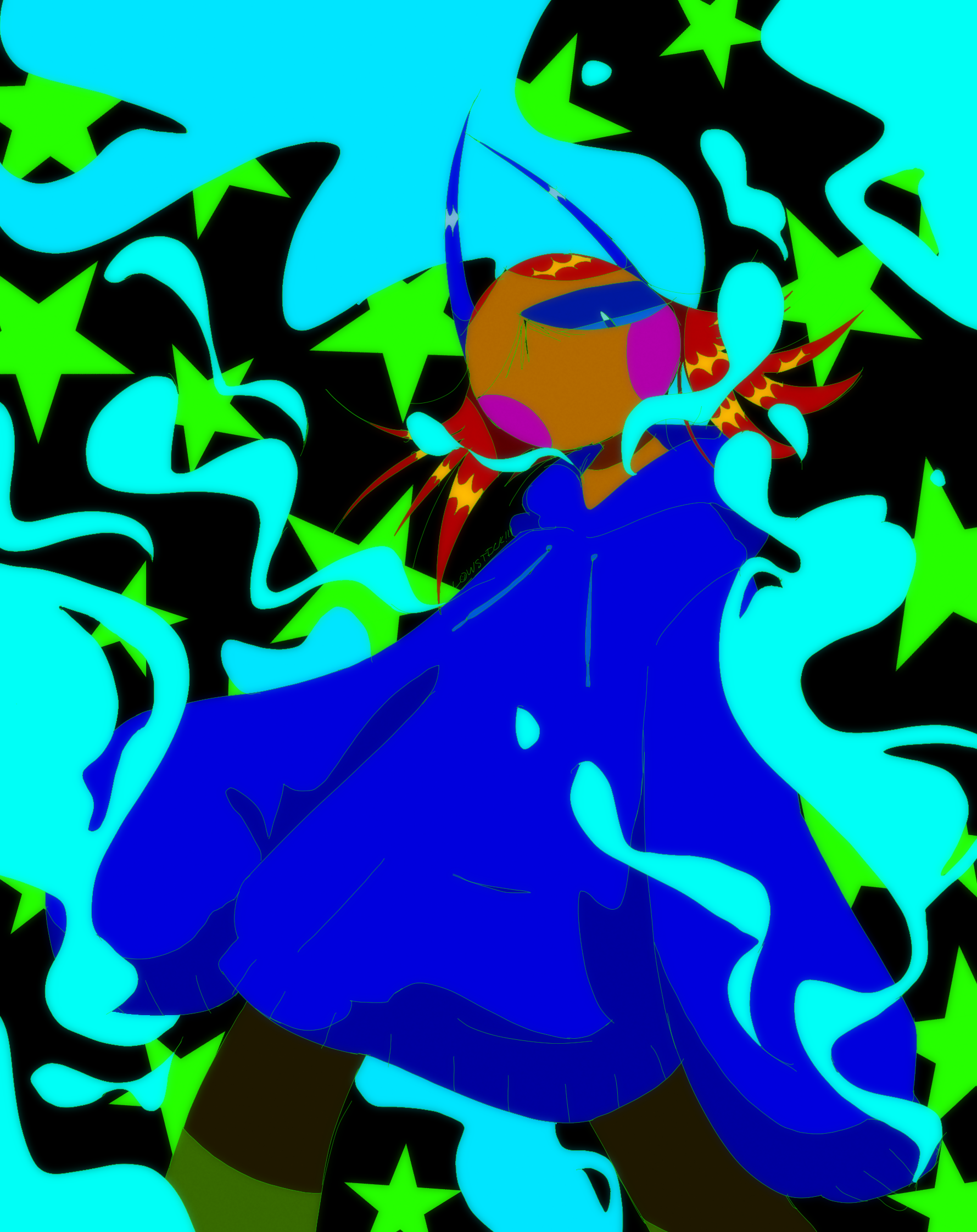 A drawing of a humanoid character with bright yellow skin, bright red hair, horns, and a bright blue hoodie. One of their eyes is closed, and they have bright cyan smoke coming from their body.