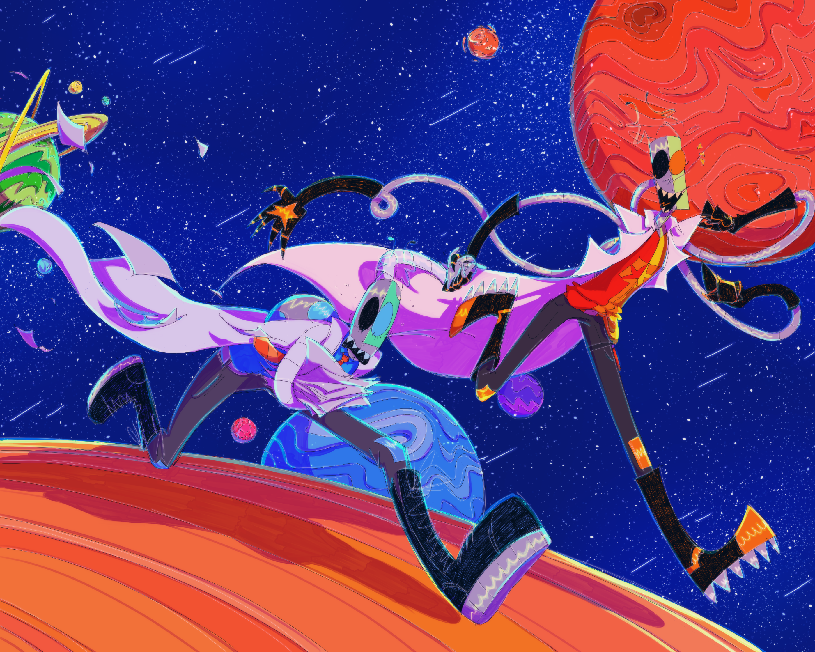 A drawing of two irken ocs, Rigel and Beetelgeuse, running along the rings of a planet in outer space. Rigel is blue toned and attempting to carry a stack of papers while Beetelgeuese is orange toned and dragging Rigel along. Other planets and stars can be seen in the background.