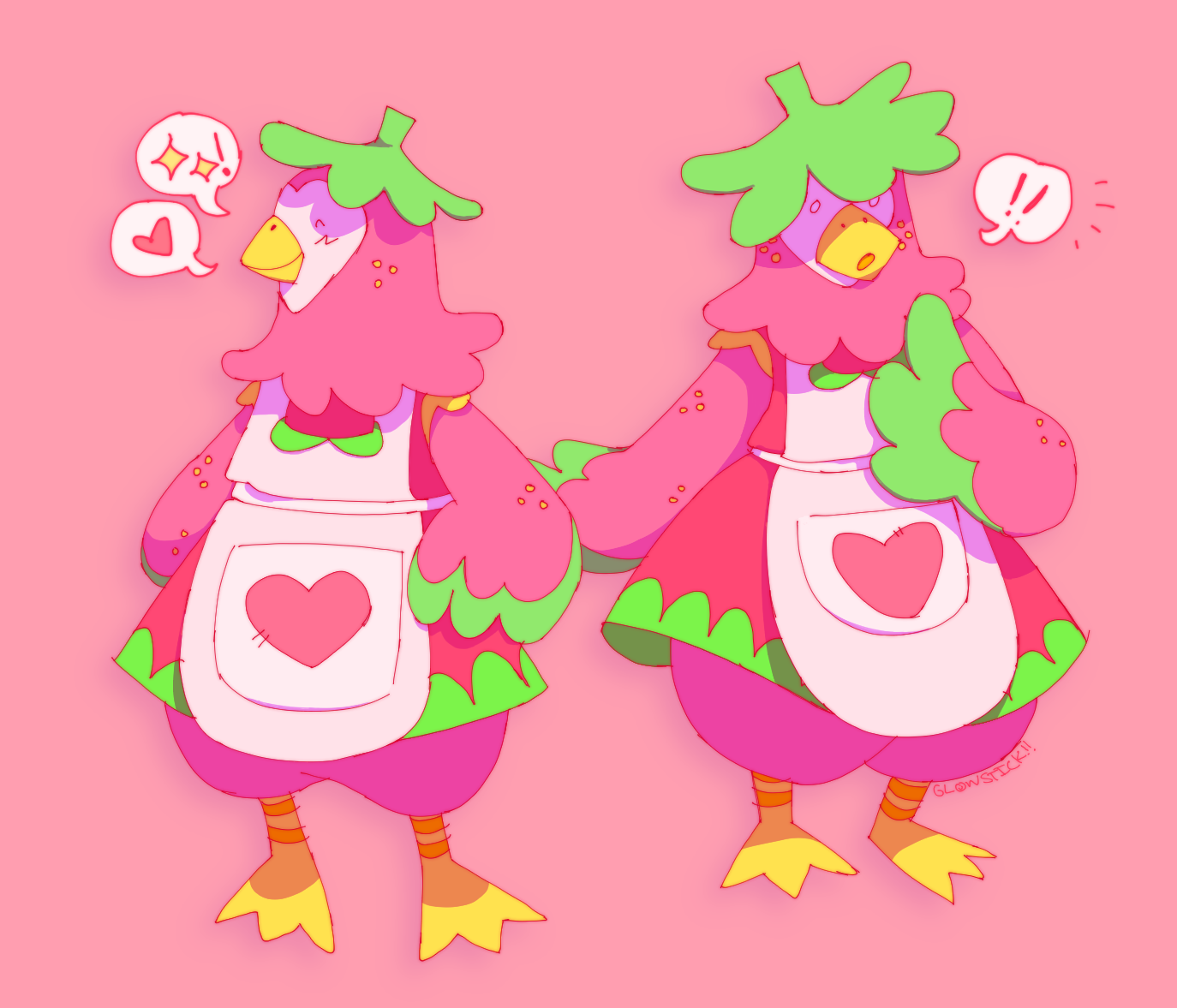 Two drawings of an anthropomorphic chicken stylized with strawberry elements. Her feathers are pink & she has yellow freckles. She is wearing a leaf-like hat, a pink dress, and a white apron.