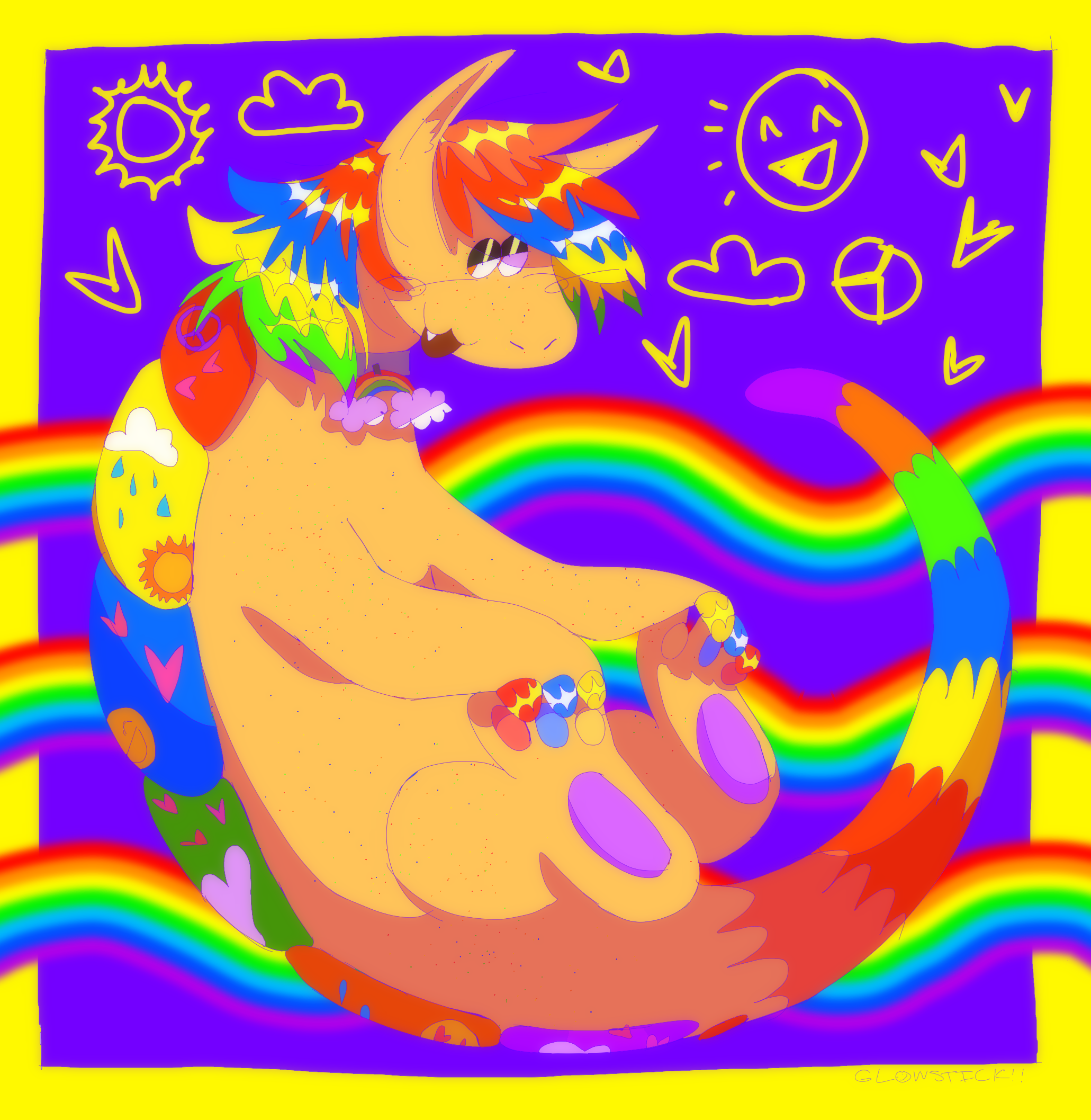 A brightly colored drawing of an anthropomorphic armadillo. Their shell is rainbow with many small drawings on it, and their fur is cream colored with rainbow speckles.