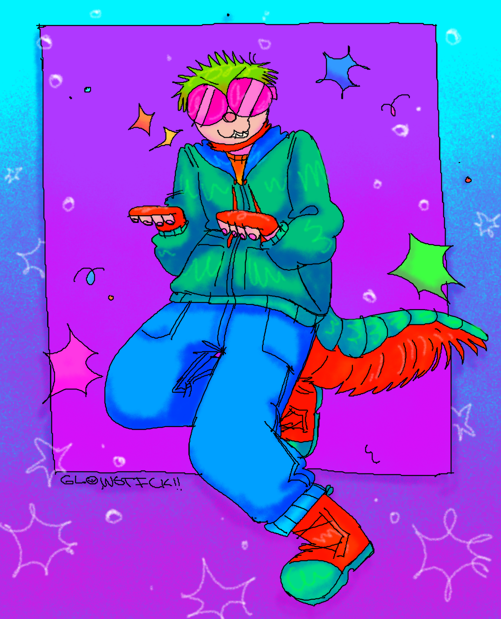 A digital drawing of Crevette, a lightskinned person with green hair and pink goggles. They have a green and red shrimp tail, and are wearing a green jacket with red fingerless gloves. They are posed like a cartoon burgler about to rob a bank.