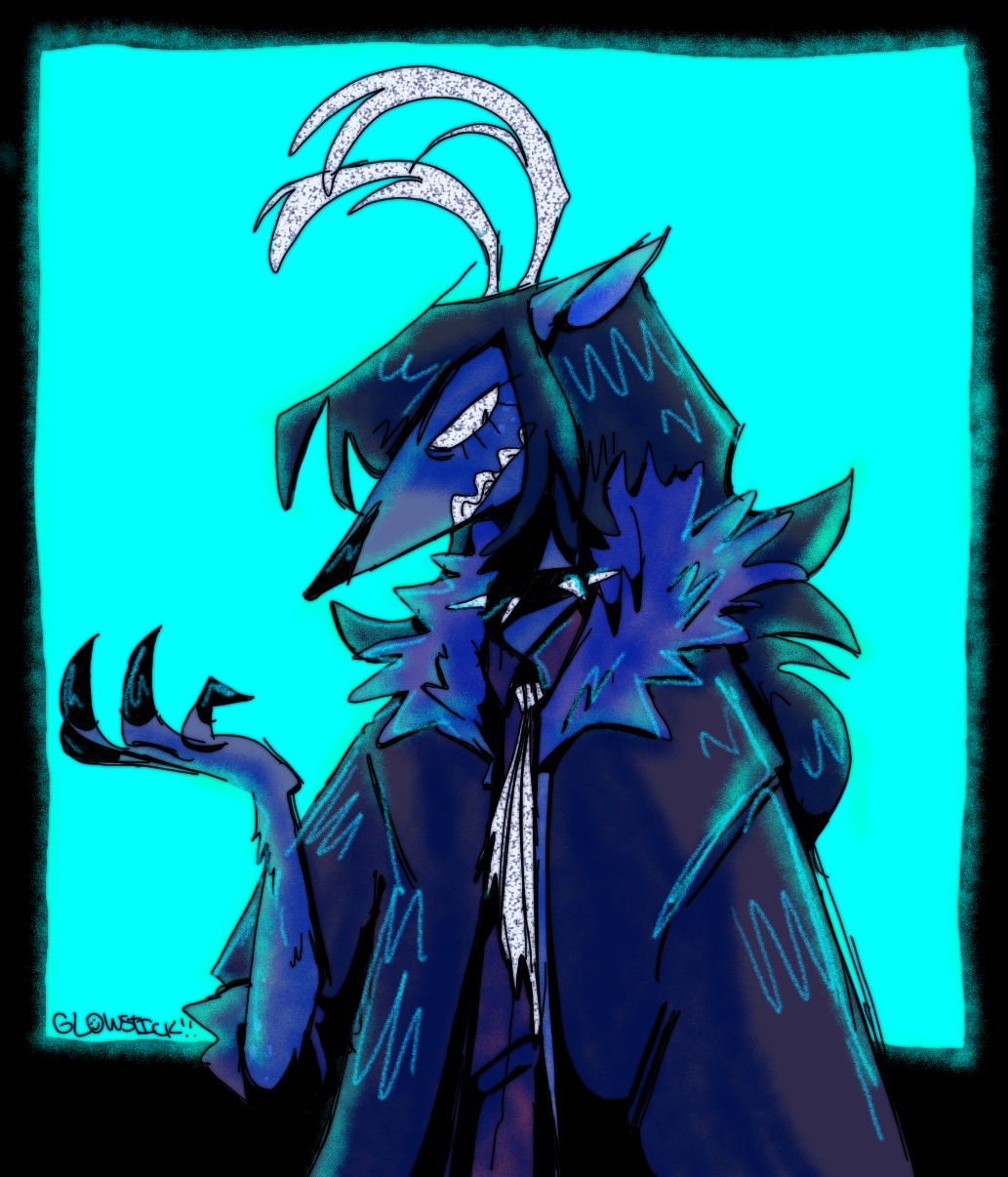 A digital drawing of Cyril, an anthropromorphic deer person, from the waist up. He is holding a hand up and is looking down with an angry expression. He has dark, fluffy hair and is wearing a parka. The background is a bright cyan block on top of solid black.