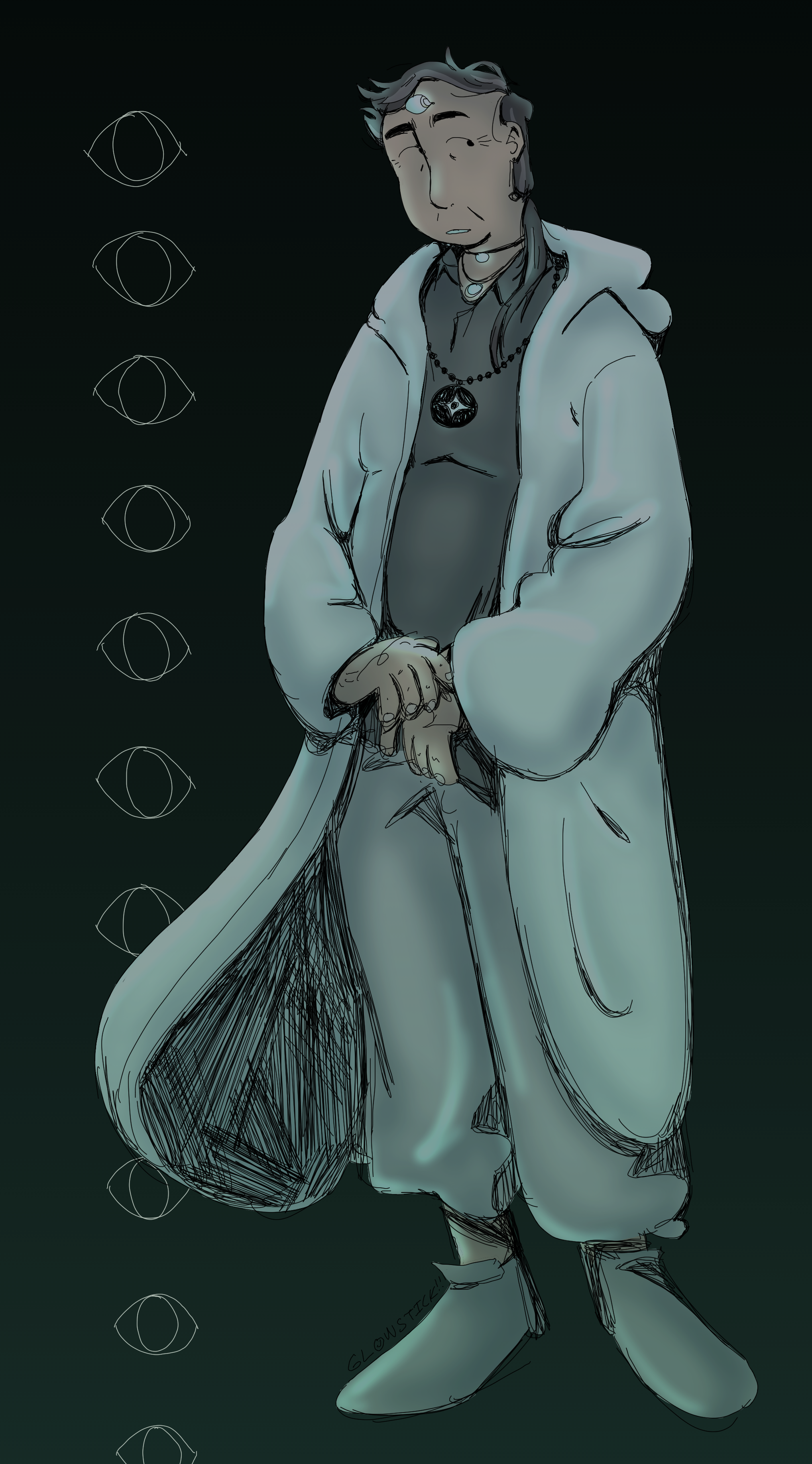 A digital drawing of Graham, a lightskinned middle aged man with a third eye. He's wearing a grey shirt, sweatpants, and a long fur coat, along with several necklaces. He is standing with a nervous expression, and the background is dark and have a vertical line of cartoonish eyes.
