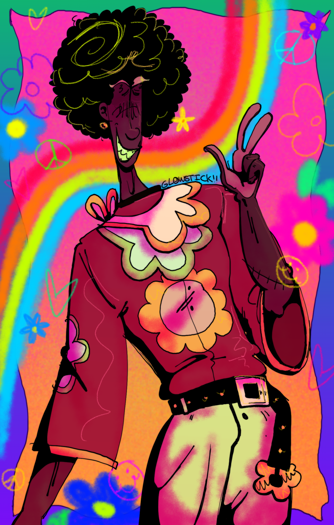 A brightly colored digital drawing of a dark-skinned woman, Rose, smiling and making a peace sign at the camera. She is wearing a 70s flower-power style outfit and her hair is in a rounded afro. The background is brightly colored and decorated with flowers, peace signs, and smiley-faces.