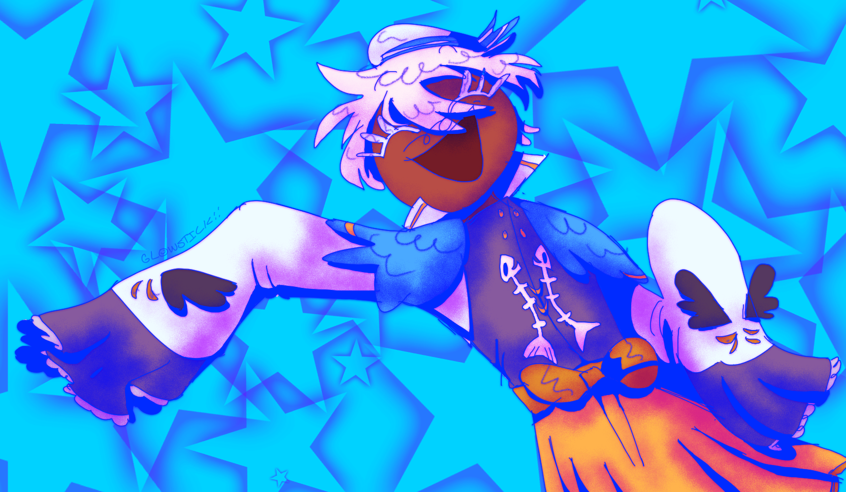 A digital drawing of Seagull Cookie, a Cookie Run oc with white hair and wearing a sailor outfit. They have one arm outstretched in a welcoming motion, and are visible from the waist-up.