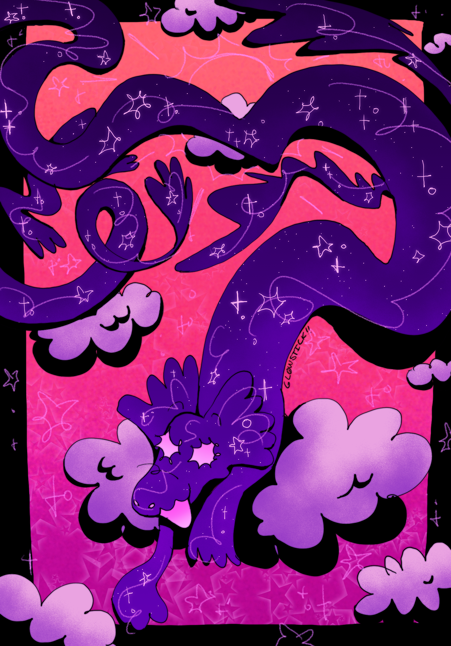  A digital drawing of a long, snake-like dragon character laying on some clouds at sunset. It has a galaxy-esque pattern covering it’s entire body.