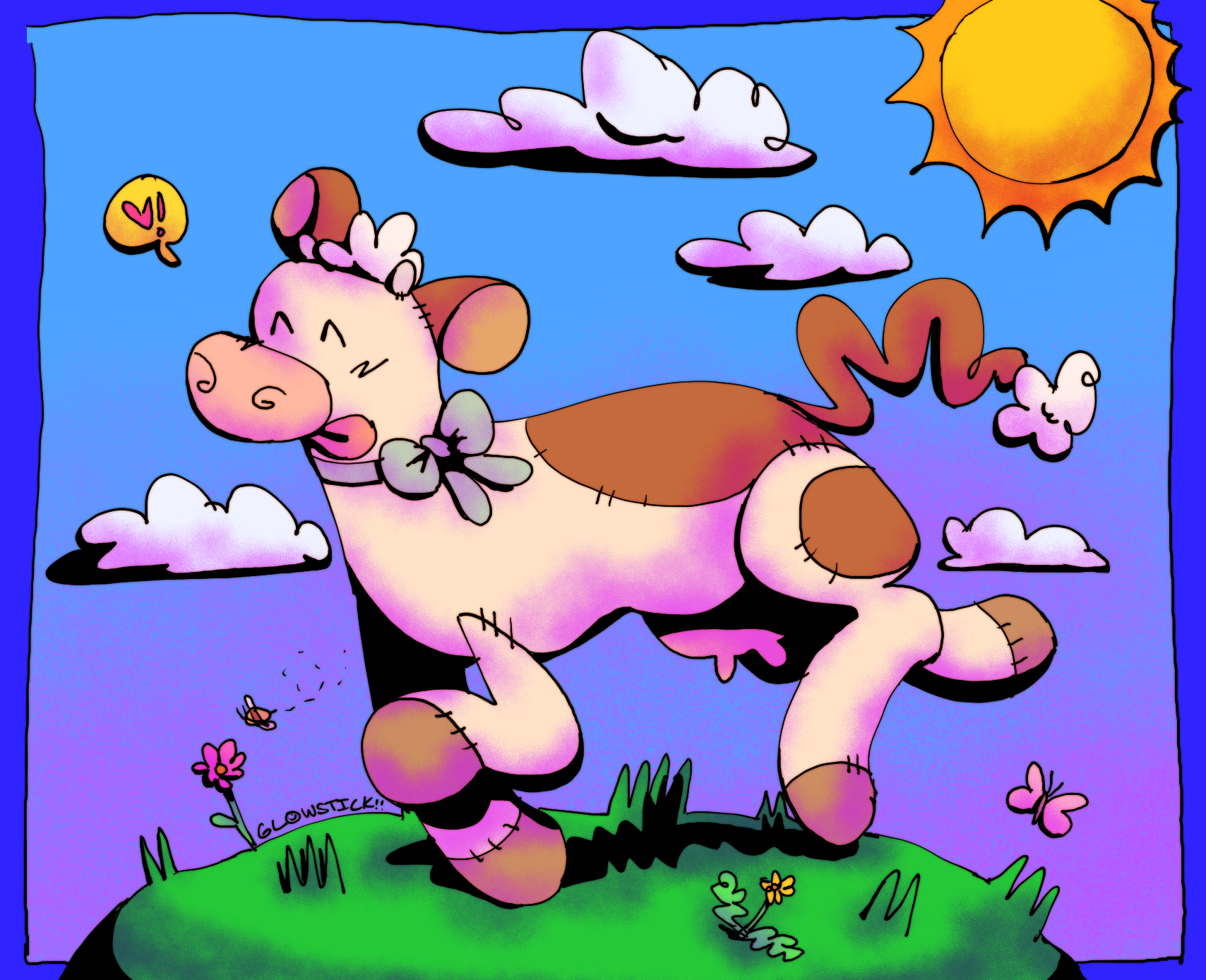  A digital drawing of a cow character, stylized to look like a plushie. They are white with brown spots and have a small blue bow around their neck. They are drawn prancing on a small field, with a blue, cloud-filled sky in the background and a stereotypical cartoon sun in the right corner.