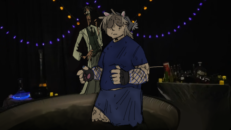 A draw-over of a screenshot of jerma, where he is standing in a blow-up hot tub, fully clothed in a catboy outfit. Jerma is drawn over and replaced by the webmaster's oc Deadman, who is a short, fat white person with several scars dotting his arms and legs. He has shaggy white hair and is wearing a beanie, and his eyes are partially shrouded in a shadow. He looks dazed and confused, but is wearing the same catboy outfit as Jerma was. Sylvia, another OC, is standing in the background with a worried expression. She is a skinny latina woman with short, choppy hair, and is wearing a labcoat and small round glasses.