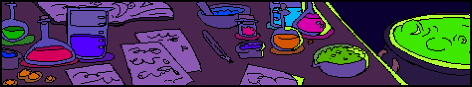A pixel banner background of an alchemist's table and cauldron. There are various potions, ingredients, and written instructions all over the table. The cauldron to the right of it is full of glowing green liquid.