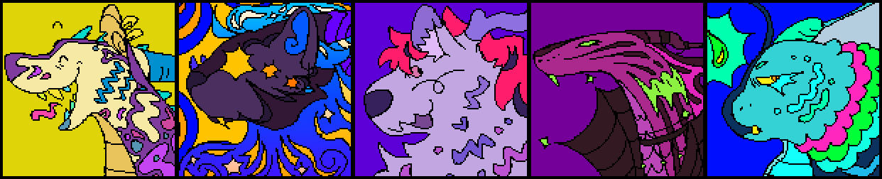 Five square, pixel, left-facing headshots of some of the webmaster's flight rising dragons. The first is a cream-colored spiral (a snake-like dragon) with purple swirls and candy colored teeth. The next is a blue and purple obelisk (a lion-like dragon). She has three eyes visible to the viewer, each of which is a small orange burst of light. The next is a light purple and red tundra (a fluffy, dog or bear-like dragon). He has small eyes and thin, deer-like horns, and is much stockier than the others. The next is a deep magenta and bright green fae (a smaller dragon with many frills and fans). She is wearing a black cobweb themed cloak and is much more slender than the other dragons, to the point where she somewhat resembles a skink. The last is a stocky cyan fae. His frills are stylized to look like betta fish gills and he has a bright green angler fish lure on the top of his head.