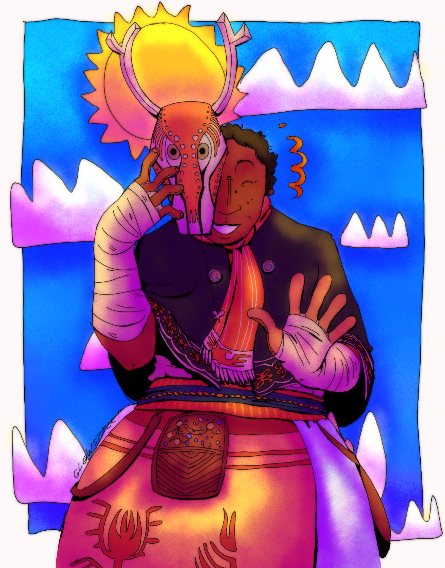 A brightly colored drawing of a brown skinned indigenous person. They are dresssed in several layers of patterned fabrics, mainly a capelet, sash, and skirt, and their forearms are bandaged. Their hair is brown and buzzed short, and they are holding up a red, oryx-like mask and smiling. The background consists of a cartoony sun and blue sky.